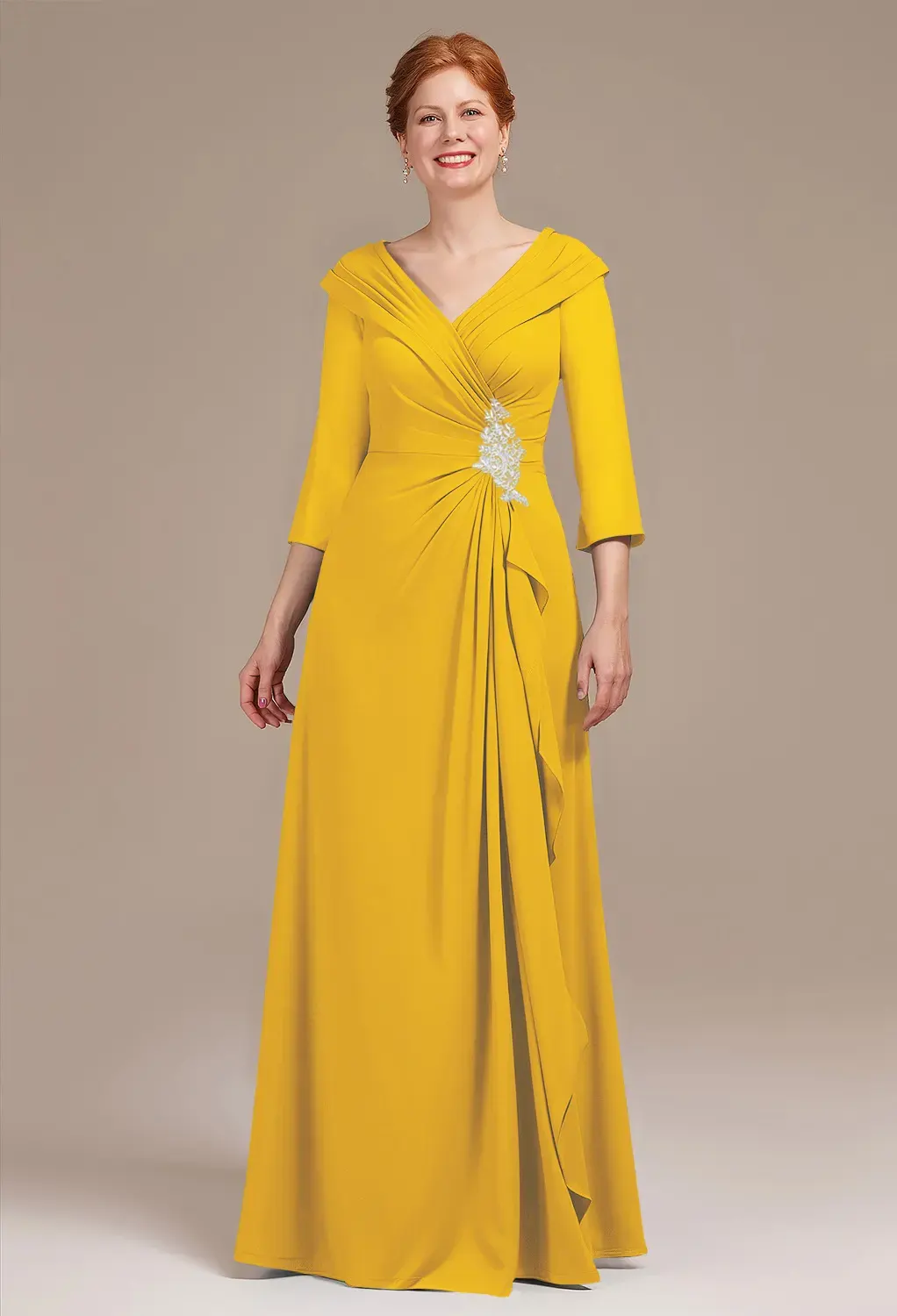 Sleeve Yellow Mother Of The Groom Dresses Sheath/Column V-Neck Mother Of  The Bride Dresses