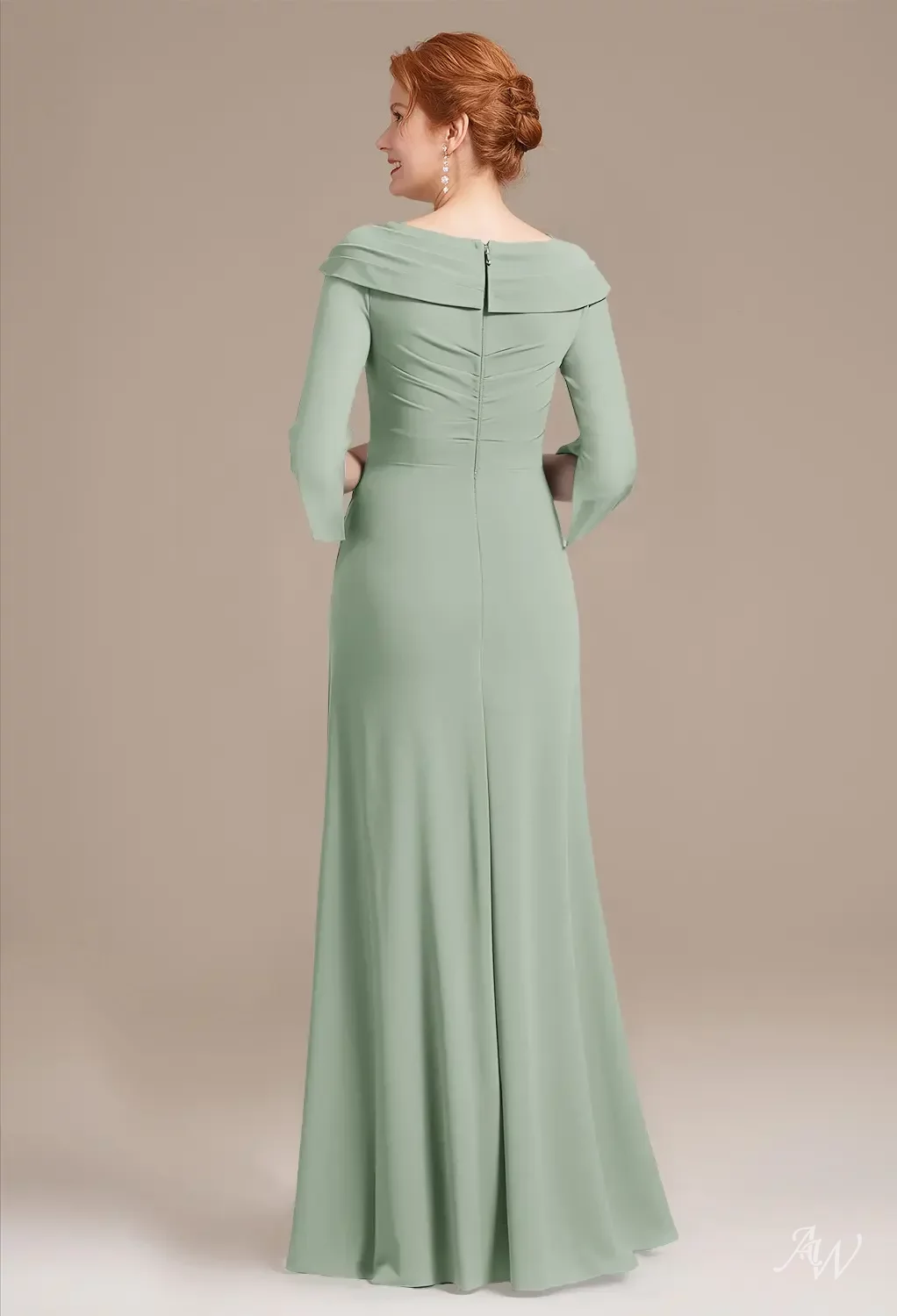 AW.Bridal A-line V-Neck Floor Length Long Sleeves Appliques Beading Ruffles Mother of the Bride Dresses Dress Sage Green Size 8