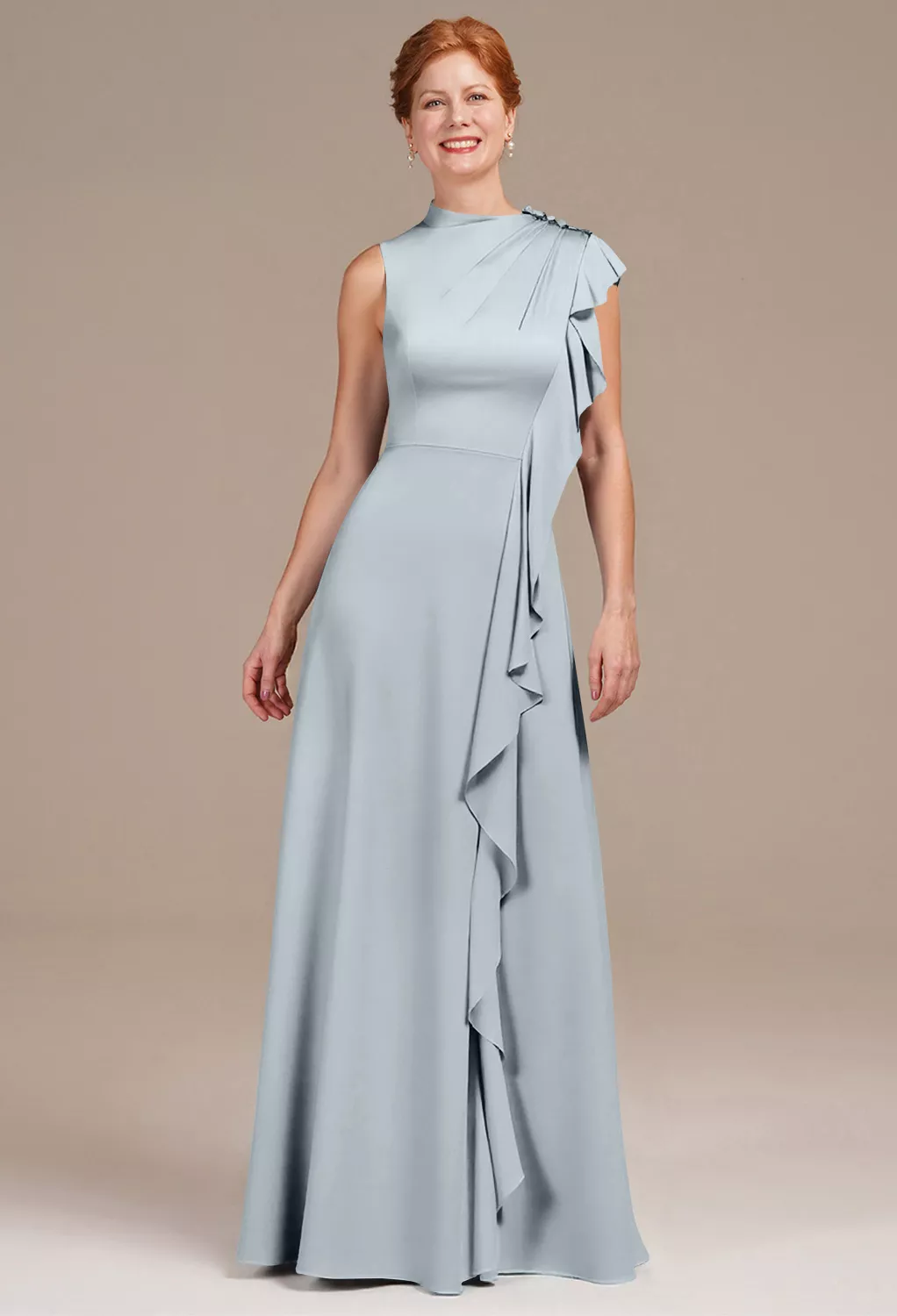 slim fit dress slacks Zapaka Women Lace Mother of The Bride Dress A Line Dusty Blue Chiffon Round Neck Short Sleeves Long Formal Dress, Grey Blue / US16 main image 0