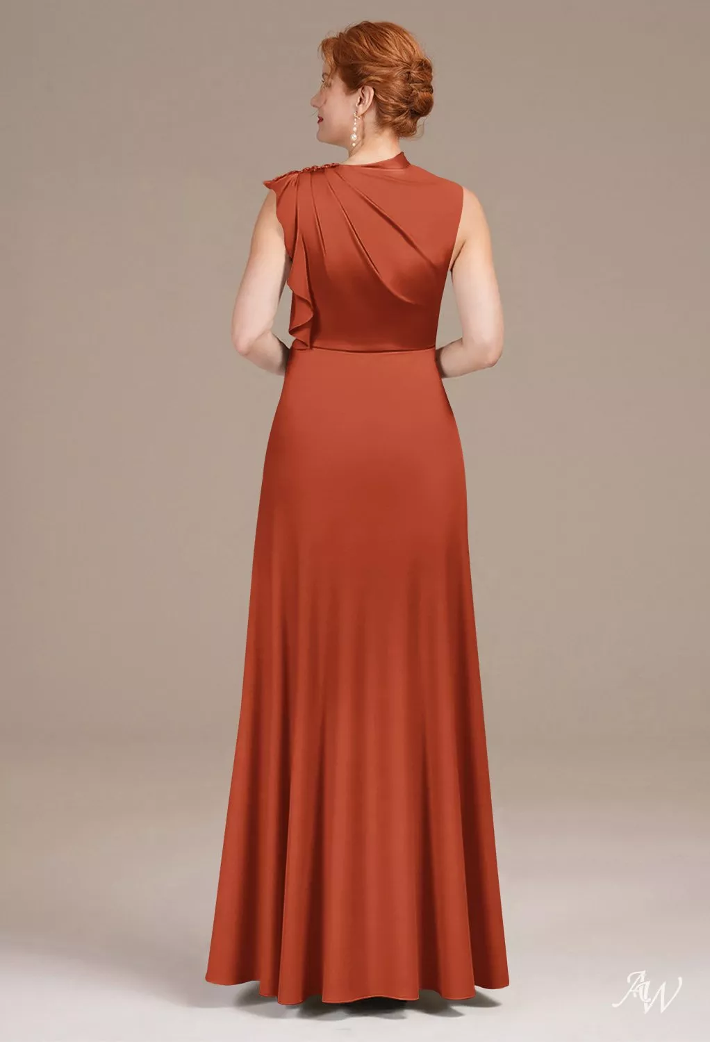 tangerine formal dress AW.Bridal A-line Bateau Neckline Floor Length Sleeveless Satin Ruffles Mother of the Bride Dresses Size 8 starzone-2