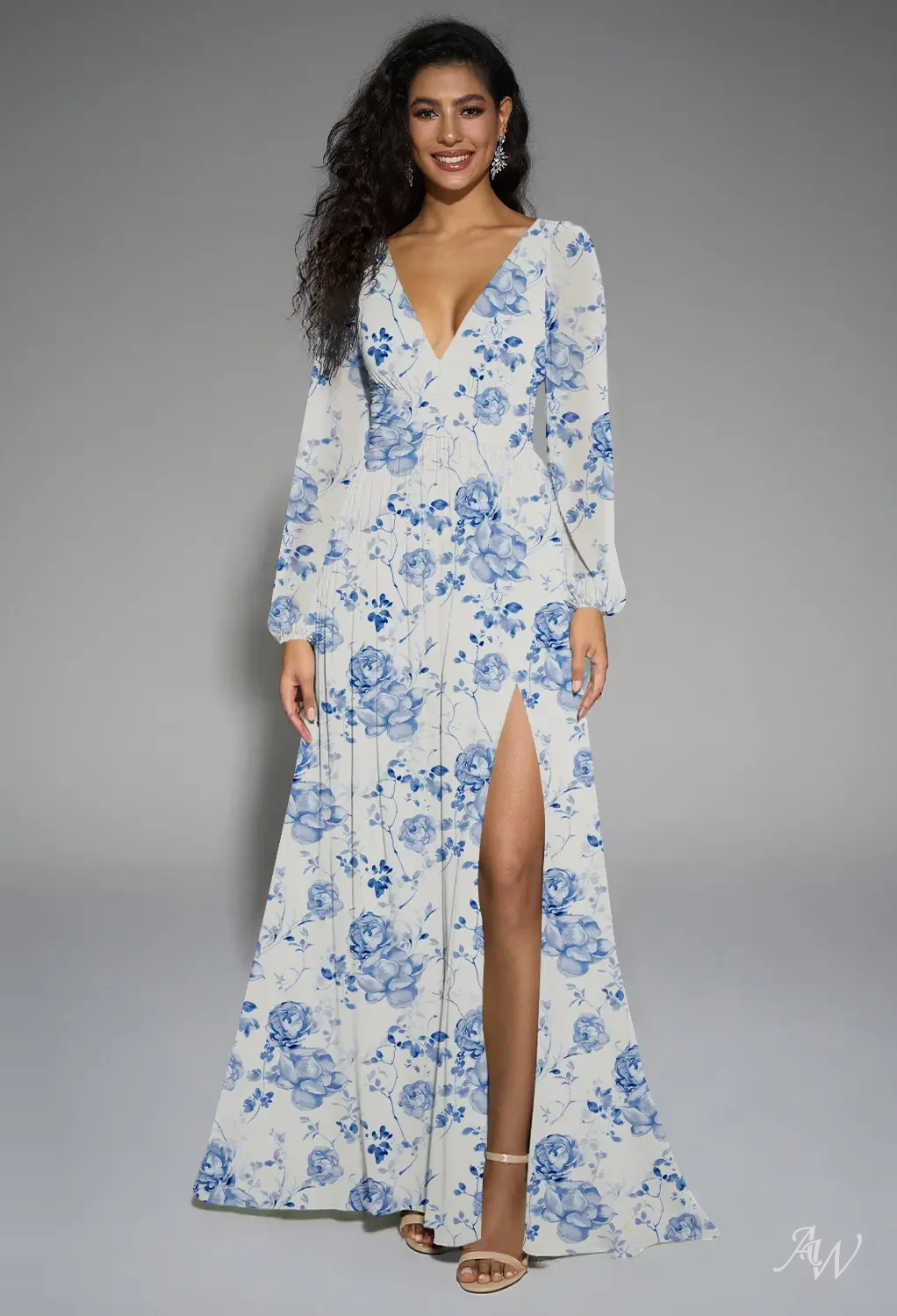 botanical bridesmaid dress AW.Bridal A-line V-Neck Floor Length Puff Sleeves Pleat Split Floral Bridesmaid Dresses Floral Dress Blue Botanical Floral Size 18