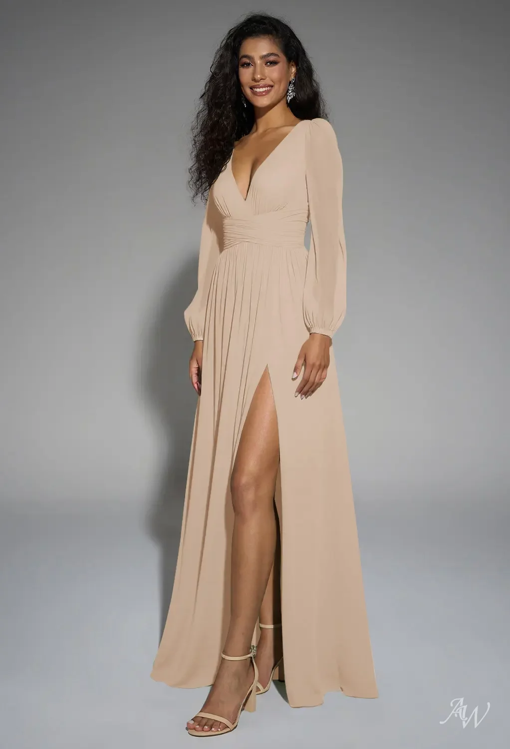 AW.Bridal A-line V-Neck Floor Length Puff Sleeves Chiffon Pleat Split Long Bridesmaid Dresses Champagne Size 4