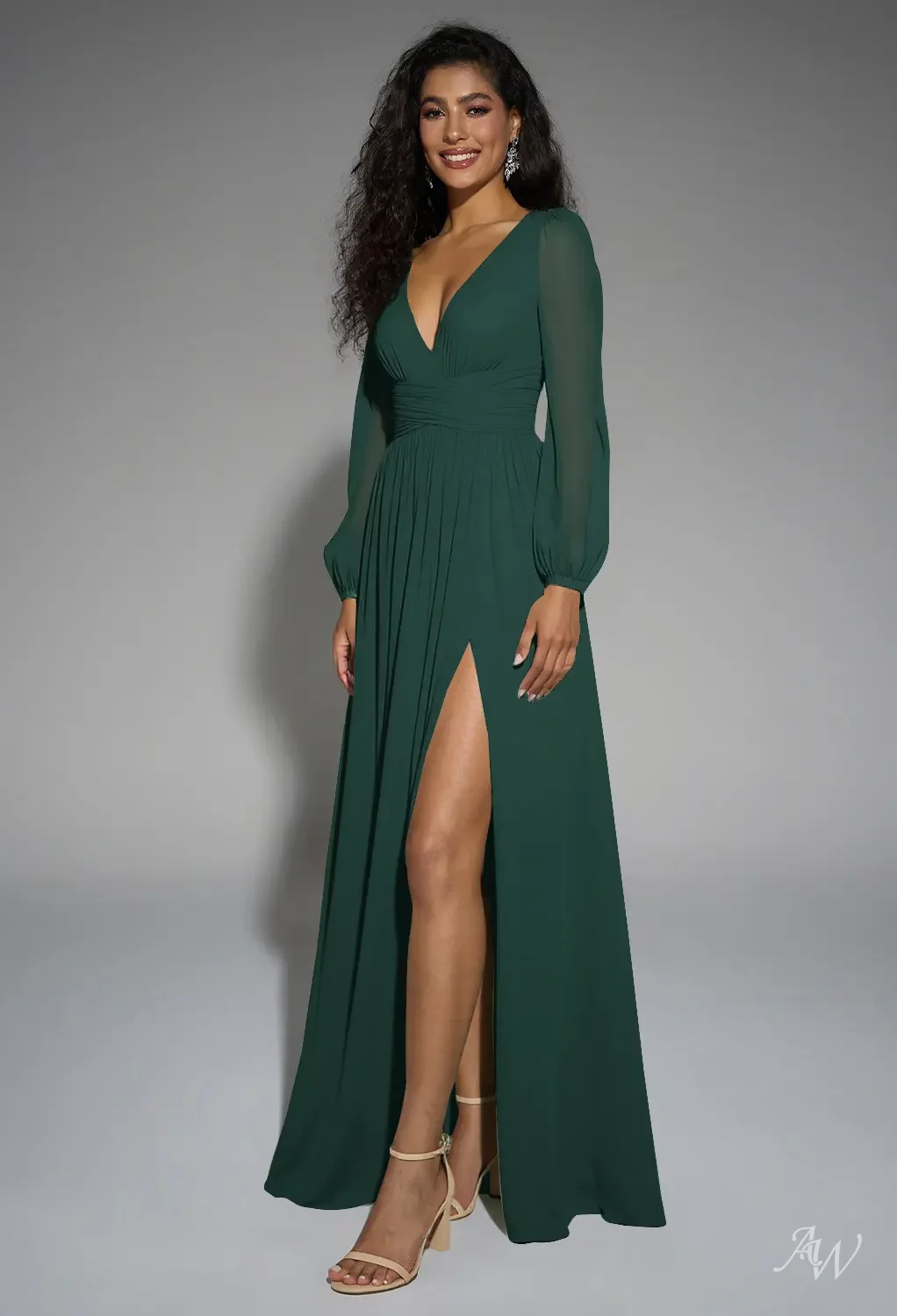 Bridesmaid Dress High Neck Emerald Green Dress Olive Green Bridesmaid Green  Evening Dresses With Sleeves A-Line V-Neck Floor Length Puff Sleeves