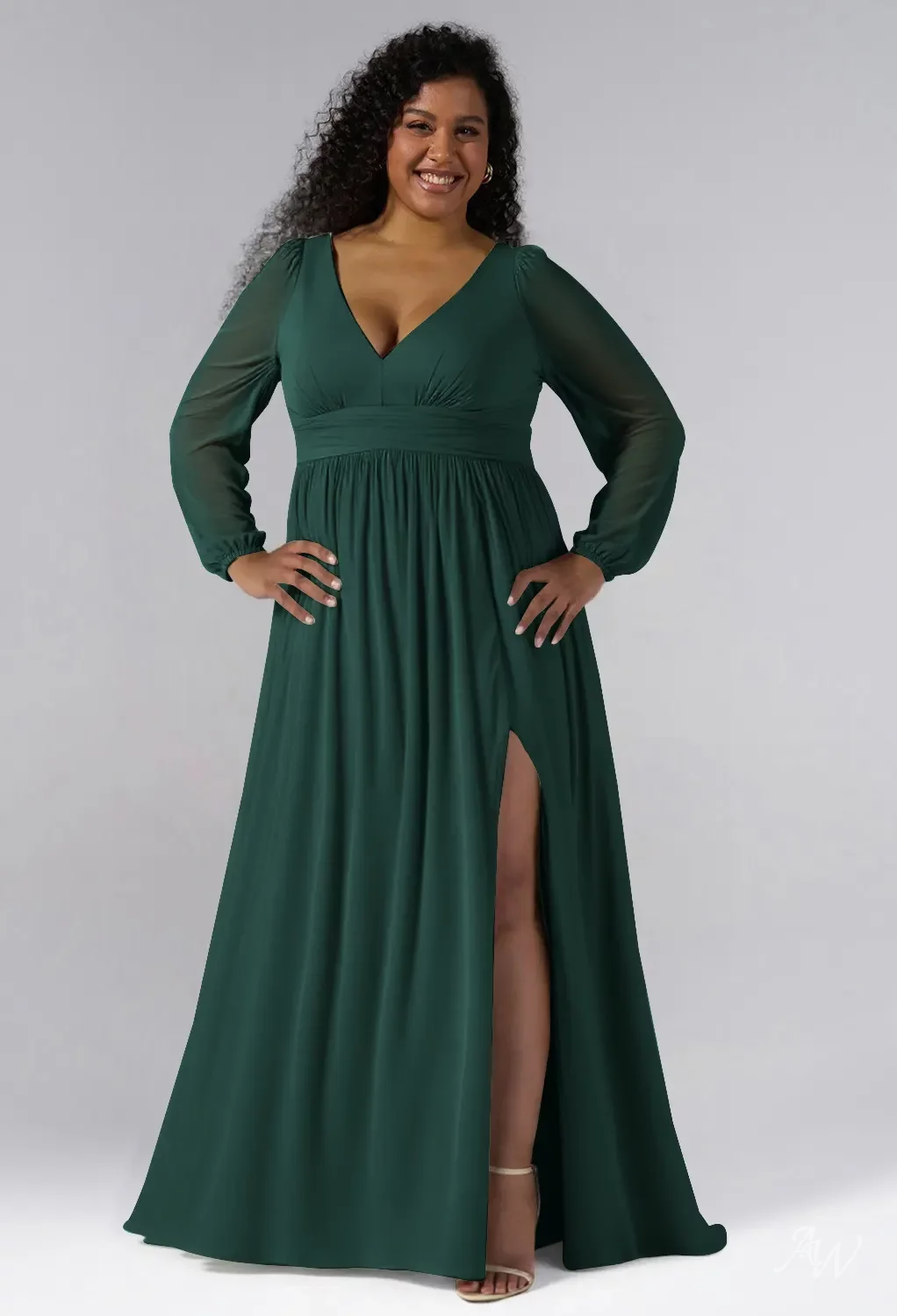 AW.Bridal A-line V-Neck Floor Length Puff Sleeves Chiffon Pleat Split Long Bridesmaid Dresses Dark Emerald Size 4
