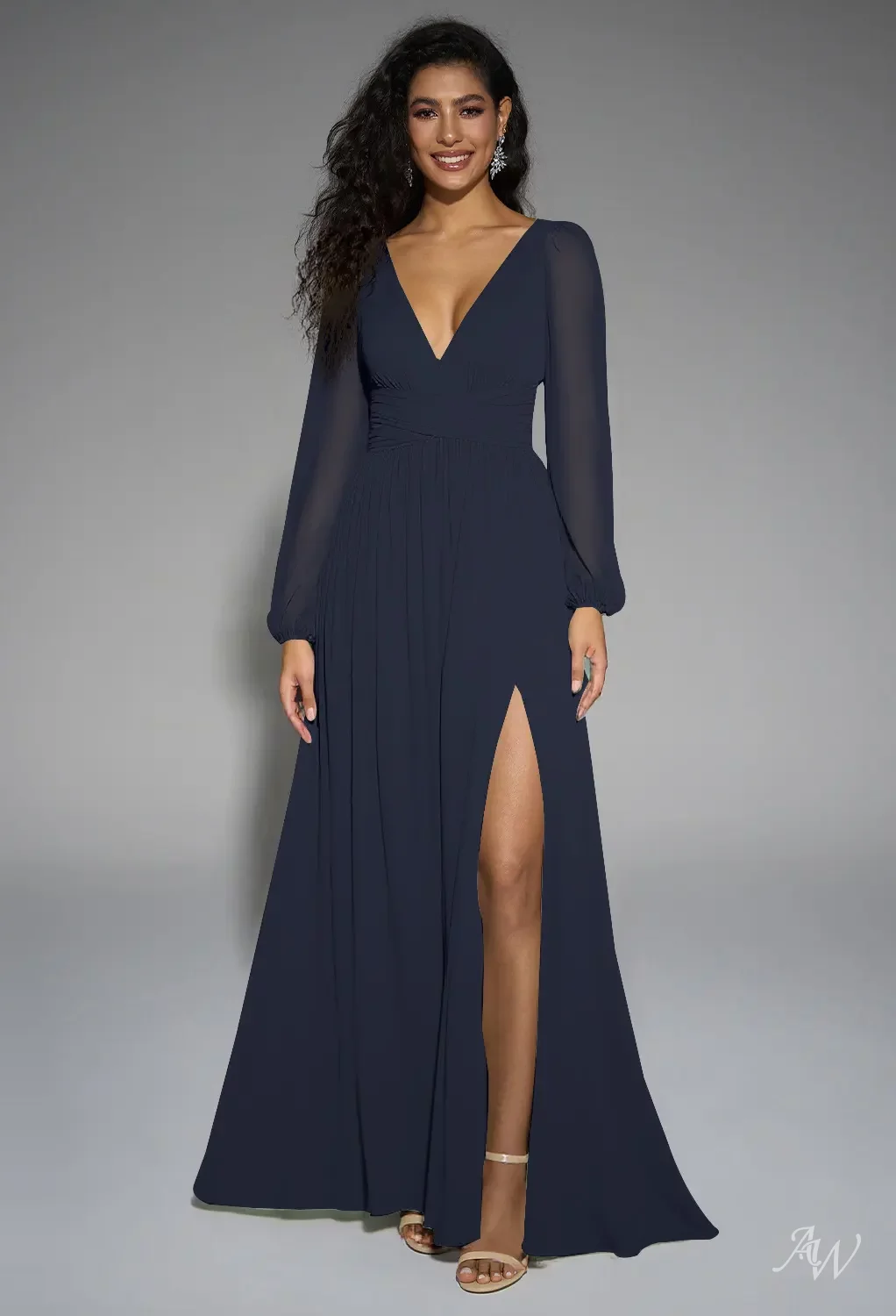 AW.Bridal A-line V-Neck Floor Length Puff Sleeves Chiffon Pleat Split Long Bridesmaid Dresses Dark Navy Size 6