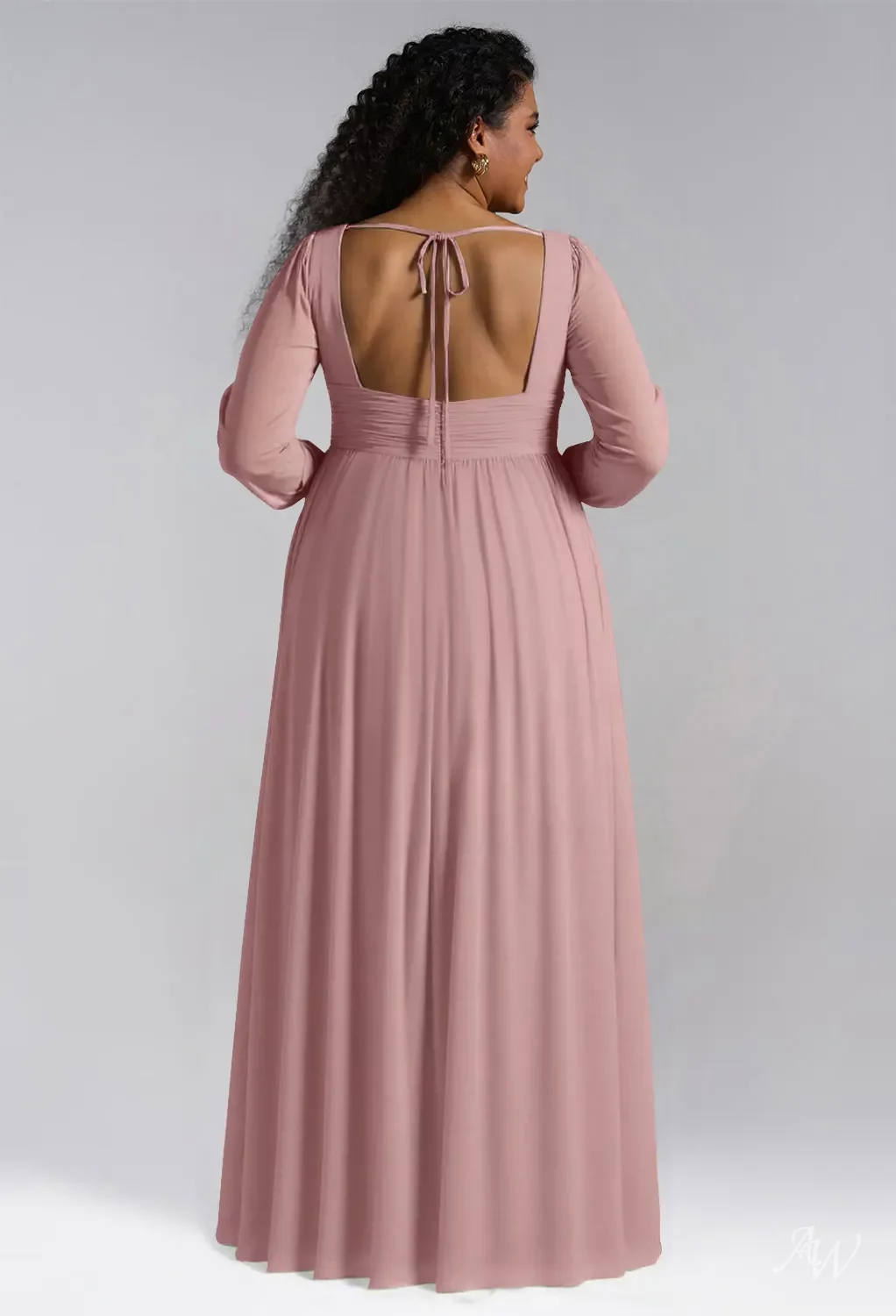 AW.Bridal A-line V-Neck Floor Length Puff Sleeves Chiffon Pleat Split Long Bridesmaid Dresses Dusty Rose Size 16