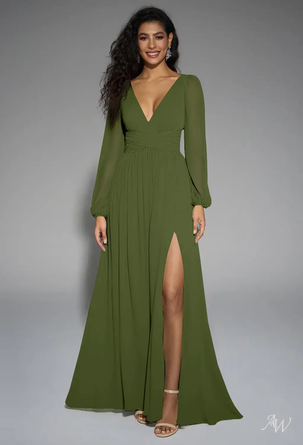 slim fit dress slacks Valencia Long Sleeve Bridesmaids Dress in Olive Green main image 0