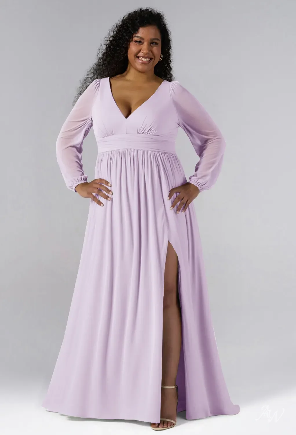 AW.Bridal A-line V-Neck Floor Length Puff Sleeves Chiffon Pleat Split Long Bridesmaid Dresses Lilac Size 16