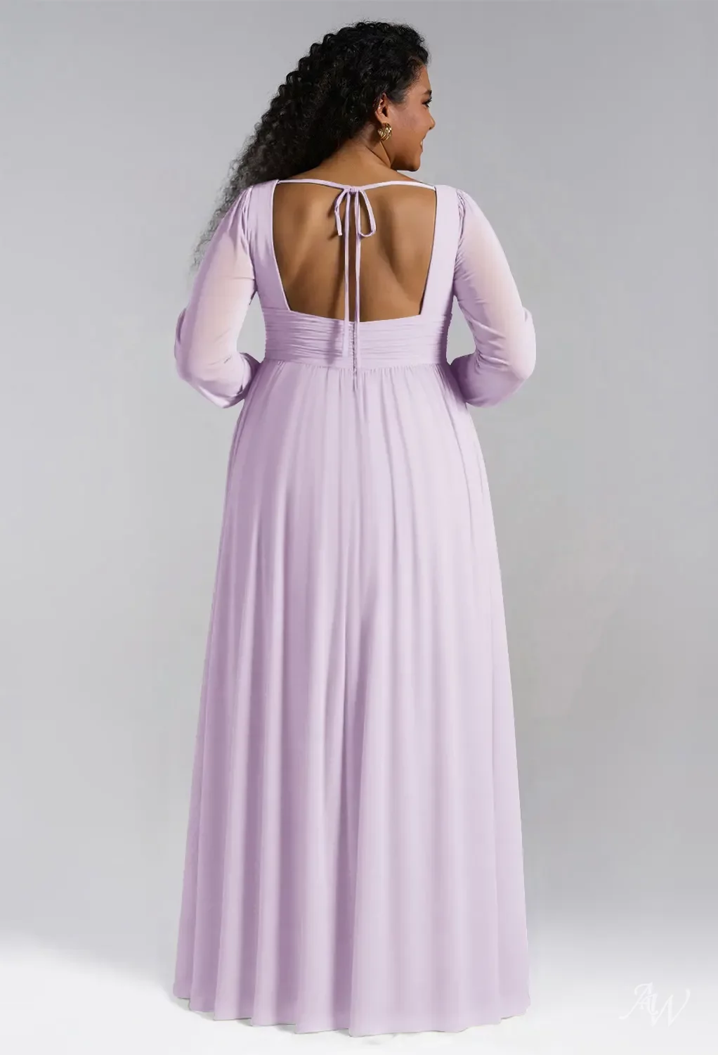 AW.Bridal A-line V-Neck Floor Length Puff Sleeves Chiffon Pleat Split Long Bridesmaid Dresses Lilac Size 16