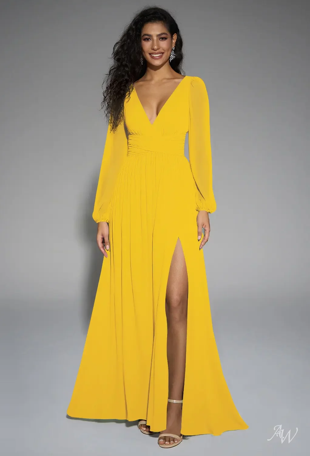 yellow high low bridesmaid dresses AW.Bridal A-line V-Neck Floor Length Puff Sleeves Pleat Split Long Dress Mustard Size 18 Unique Bargains Women's Sweetheart See-through Sexy Mermaid Sparkly Unique Prom Dresses with its side slit Size:63 (6'6