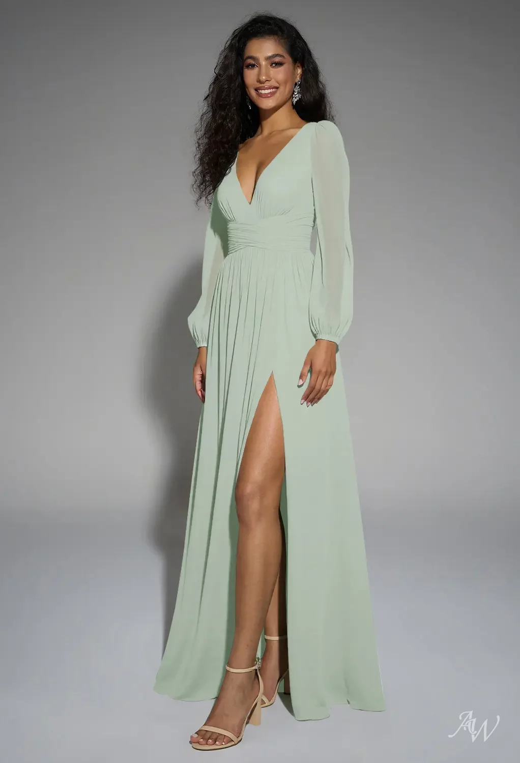 AW.Bridal A-line V-Neck Floor Length Puff Sleeves Chiffon Pleat Split Long Bridesmaid Dresses Sage Green Size 8