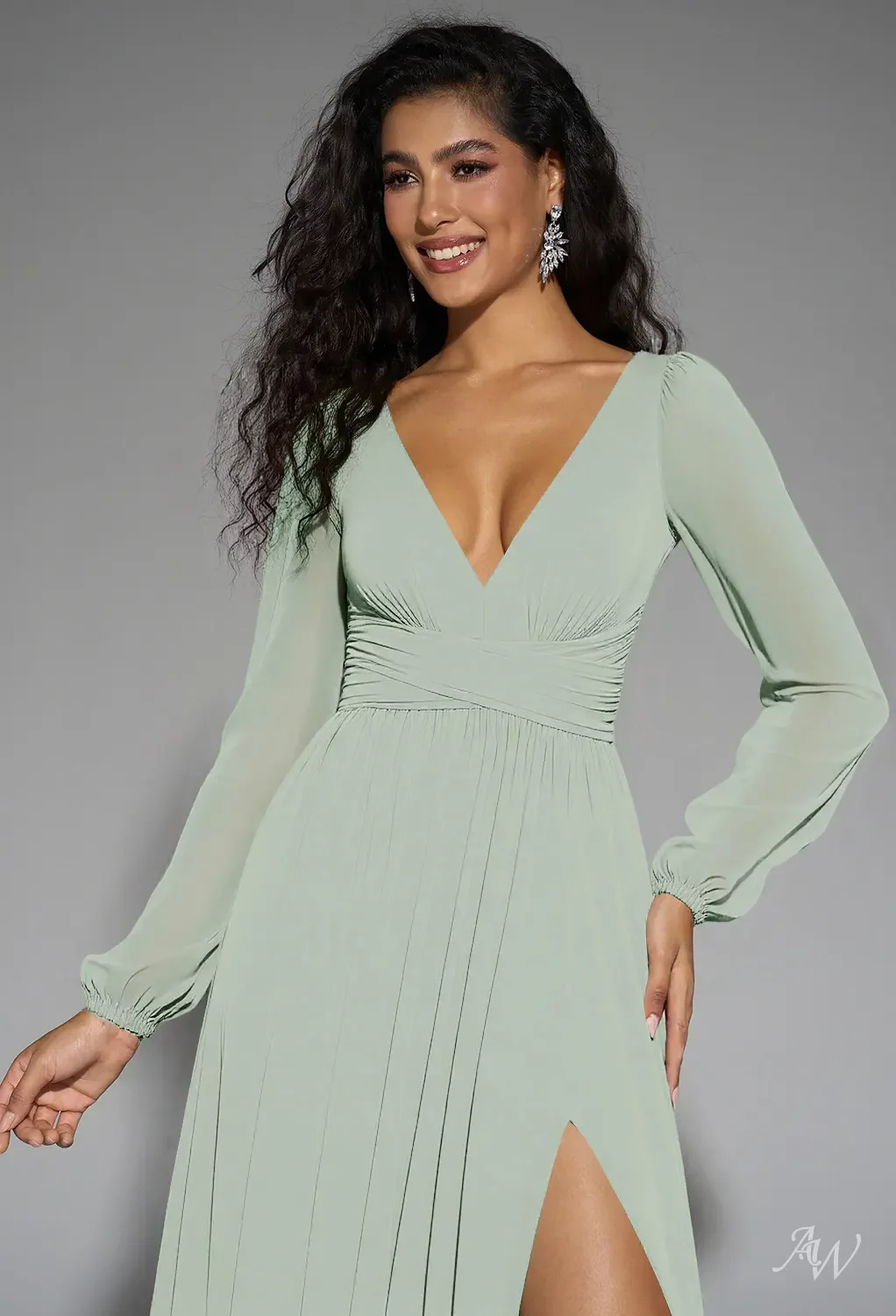 AW.Bridal A-line V-Neck Floor Length Puff Sleeves Chiffon Pleat Split Long Bridesmaid Dresses Sage Green Size 18