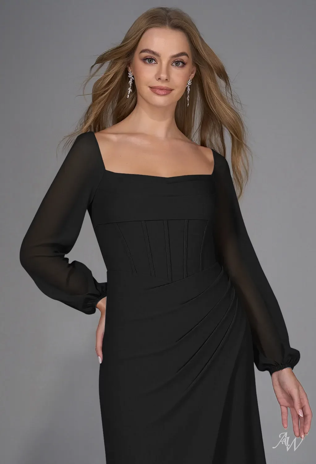 AW.Bridal A-line Square Neckline Floor Length Long Sleeves Puff Sleeves Corset Ruching Split Long Bridesmaid Dresses Dress Black Size 8