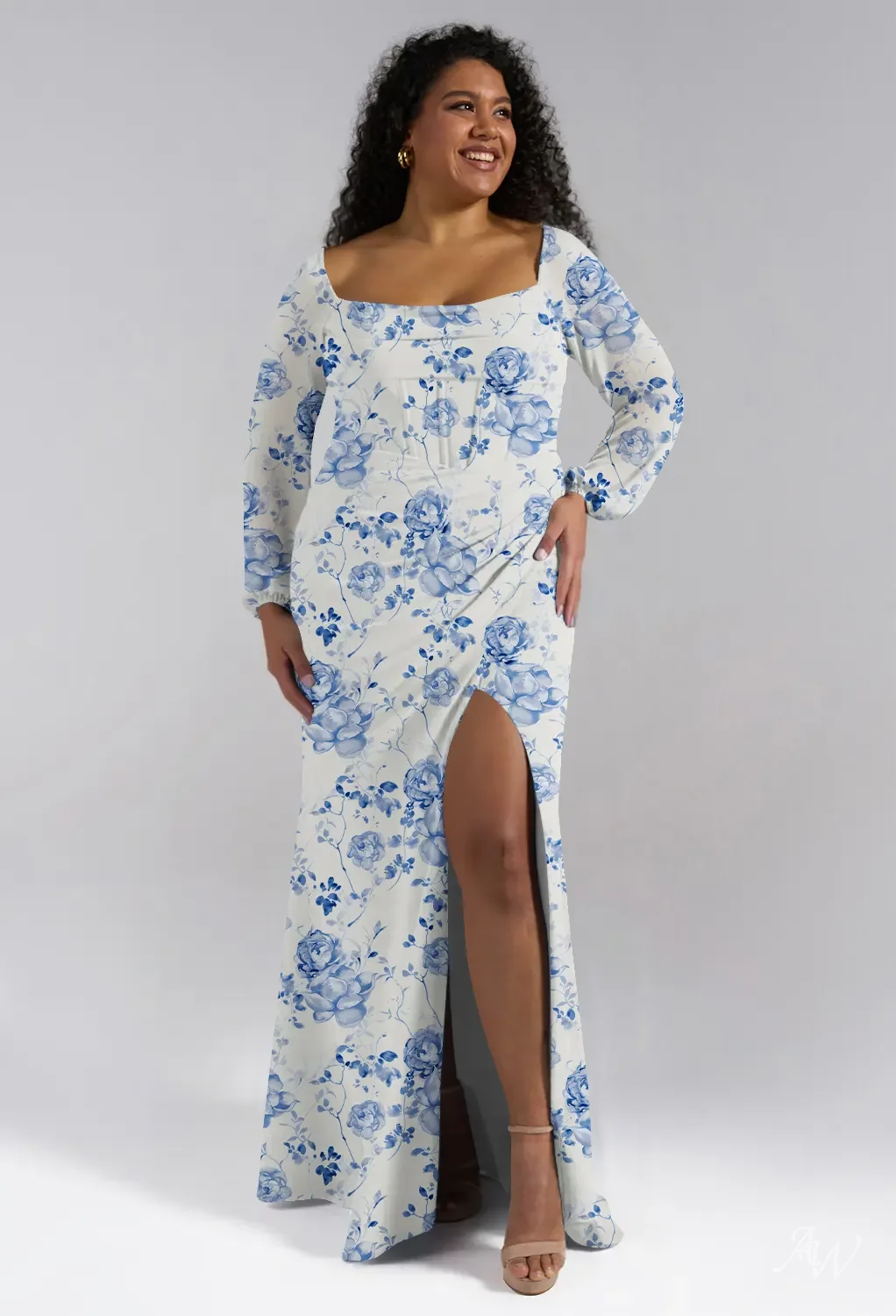 AW.Bridal A-Line Square Neckline Long Sleeves Puff Sleeves Chiffon Corset Ruching Split Floral Bridesmaid Dresses Blue Botanical Floral Size 16