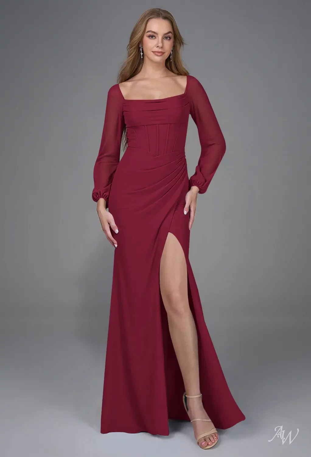 aw bridal bridesmaid dresses AW.Bridal A-line Square Neckline Floor Length Long Sleeves Puff Sleeves Corset Ruching Split Long Dress Burgundy Size 8 shoulder sleeves and a sweetheart neckline that continues into short sleeves Modern Romance: AW Bridal's Latest