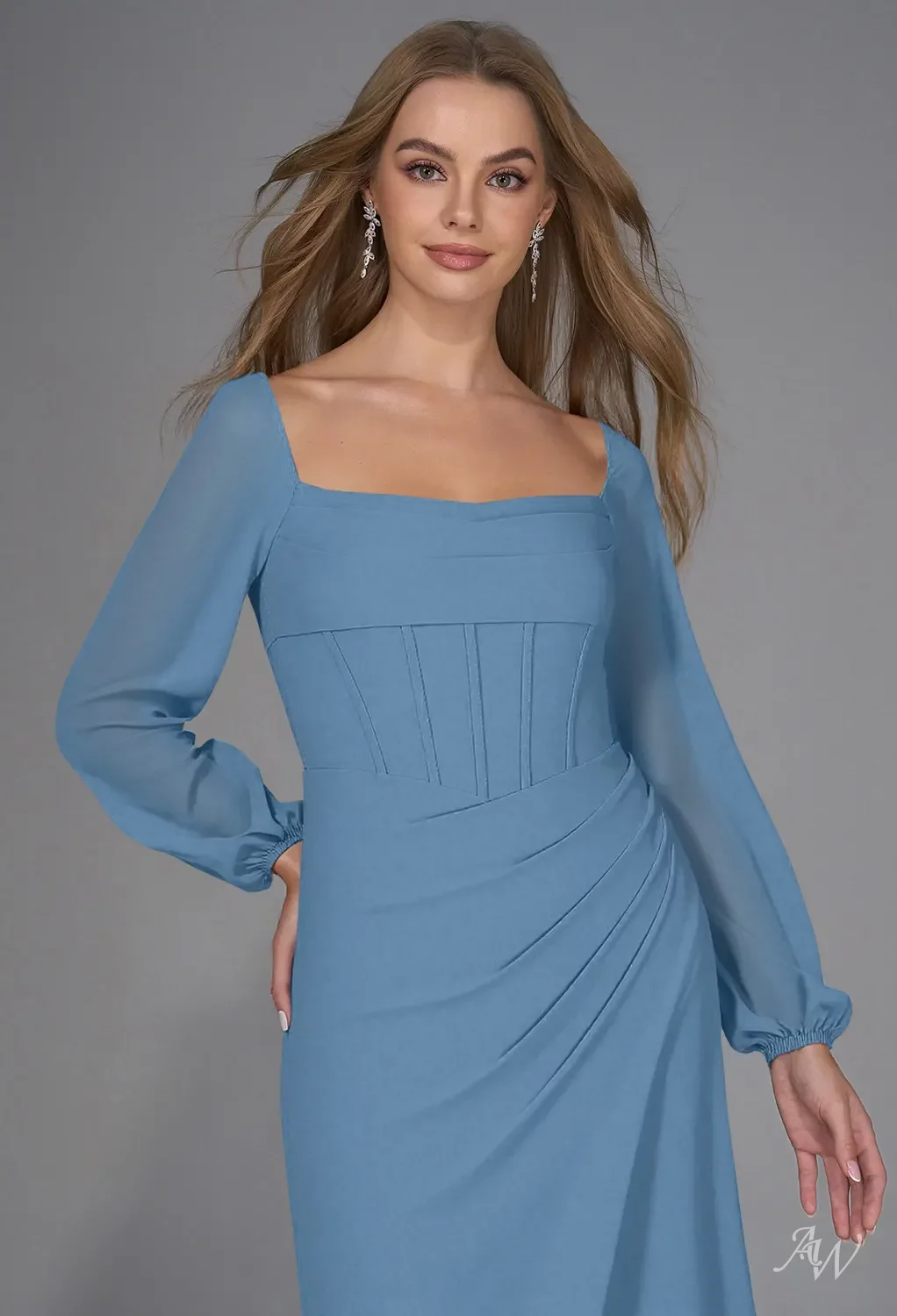 dusty blue sheath dress Dusty Blue Bridesmaid Dresses Straps Ruched Floor Length Sheath Bridesmaid Dress With Slit
