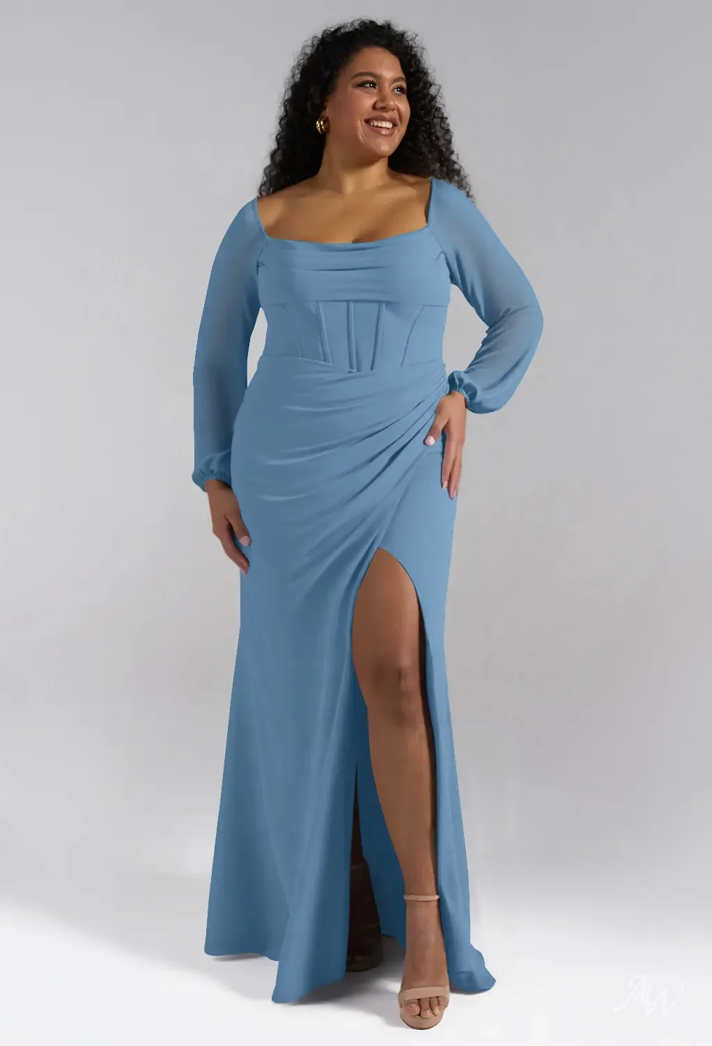 plus size dusty blue dress Dusty Blue Regency Era Dress – Long Sleeve Regency Gown with Empire Waist and Lace Trim Plus Size main image 1