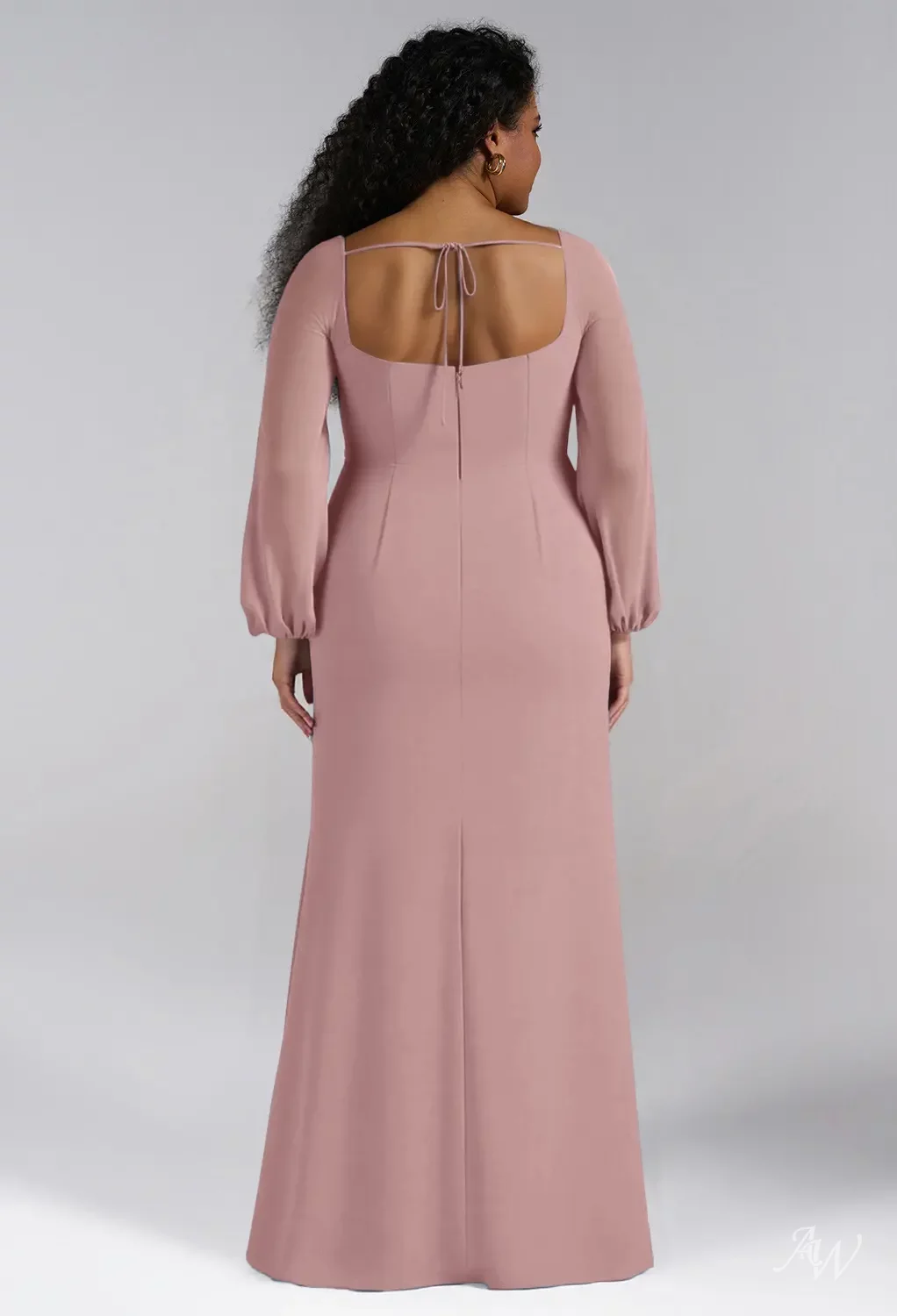AW.Bridal A-line Square Neckline Floor Length Long Sleeves Puff Sleeves Chiffon Corset Ruching Split Long Bridesmaid Dresses Dusty Rose Size 6