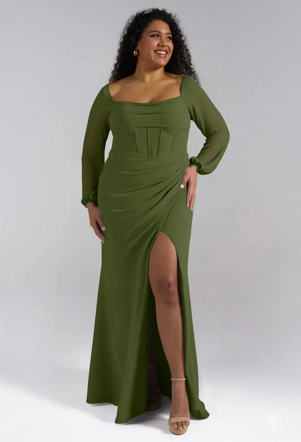 AW.Bridal A-Line Square Neckline Floor Length Long Sleeves Puff Sleeves Corset Ruching Split Long Bridesmaid Dresses Dress Green Olive Size 8