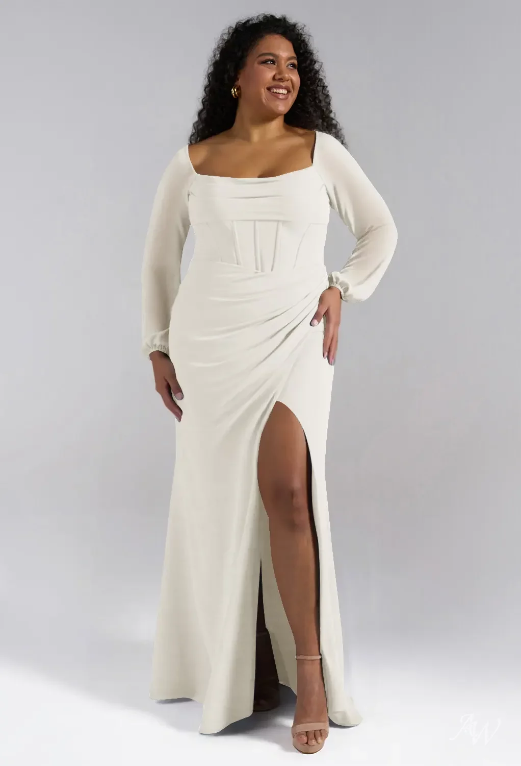 AW.Bridal A-line Square Neckline Floor Length Long Sleeves Puff Sleeves Chiffon Corset Ruching Split Long Bridesmaid Dresses Ivory Size 8