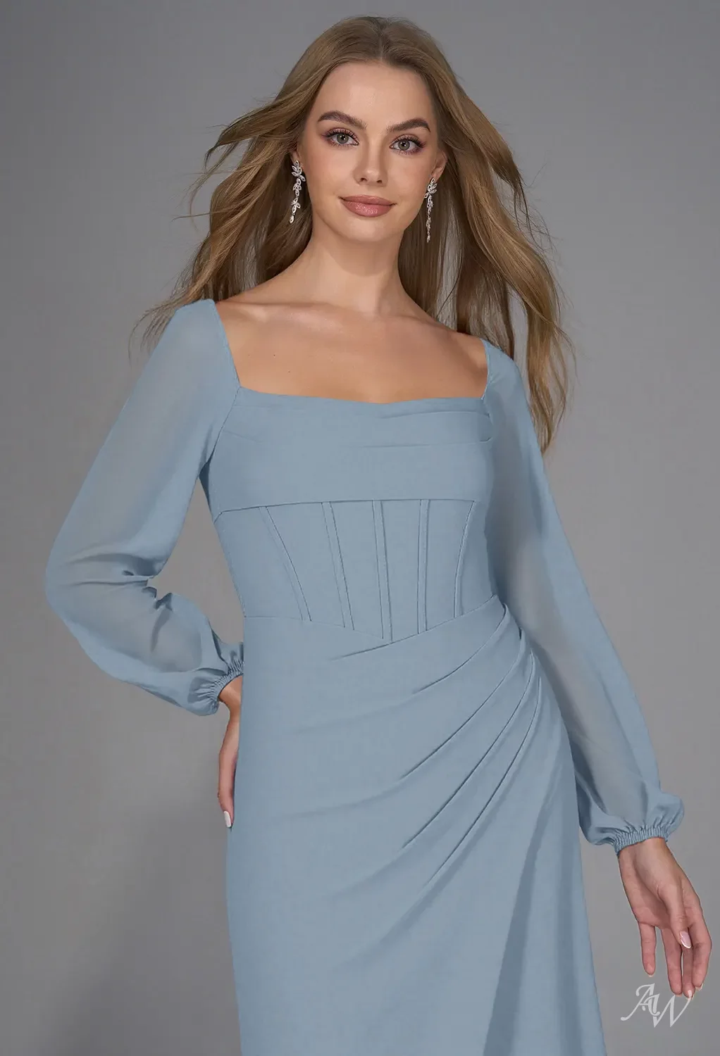 AW.Bridal A-line Square Neckline Floor Length Long Sleeves Puff Sleeves Chiffon Corset Ruching Split Long Bridesmaid Dresses Light Dusty Blue Size 6