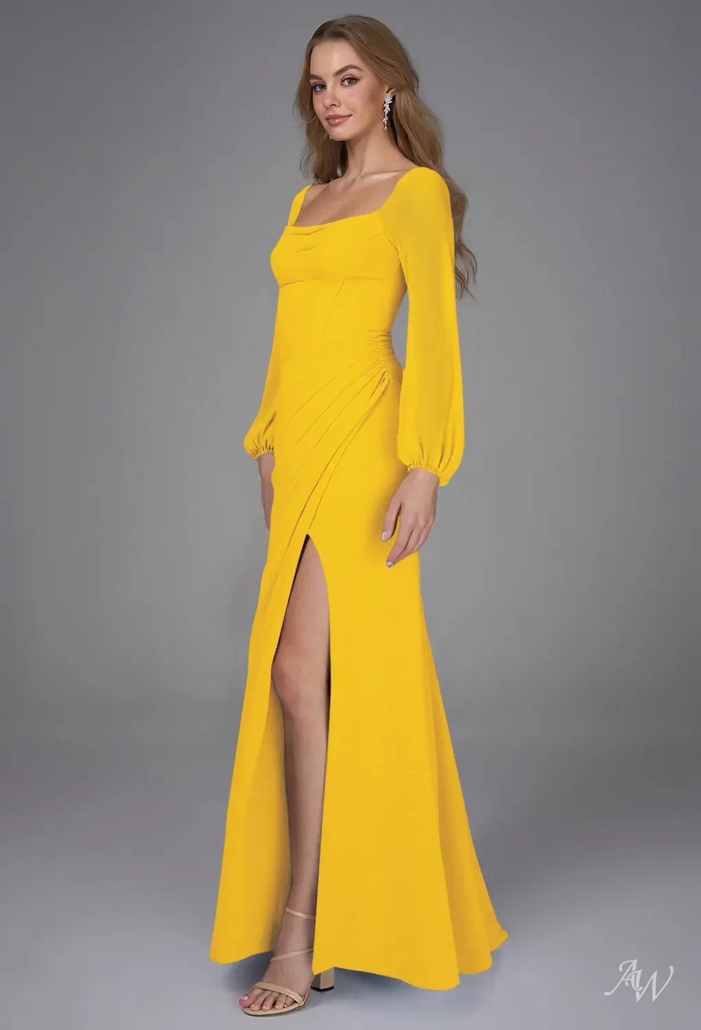 AW.Bridal A-line Square Neckline Floor Length Long Sleeves Puff Sleeves Corset Ruching Split Long Bridesmaid Dresses Dress Mustard Yellow Size 16