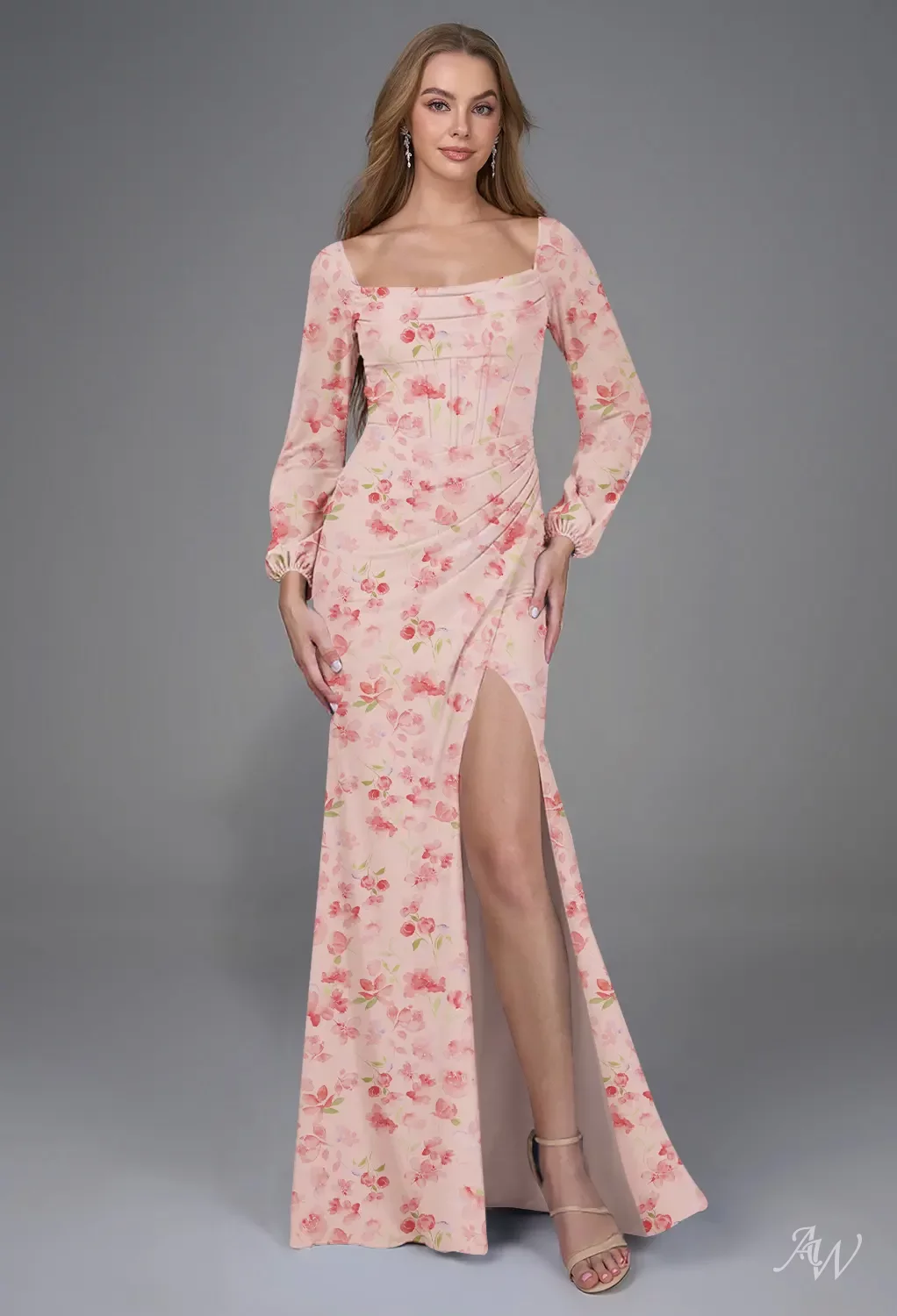 AW.Bridal A-line Square Neckline Long Sleeves Puff Sleeves Chiffon Corset Ruching Split Floral Bridesmaid Dresses Peach Blossom Breeze Size 8