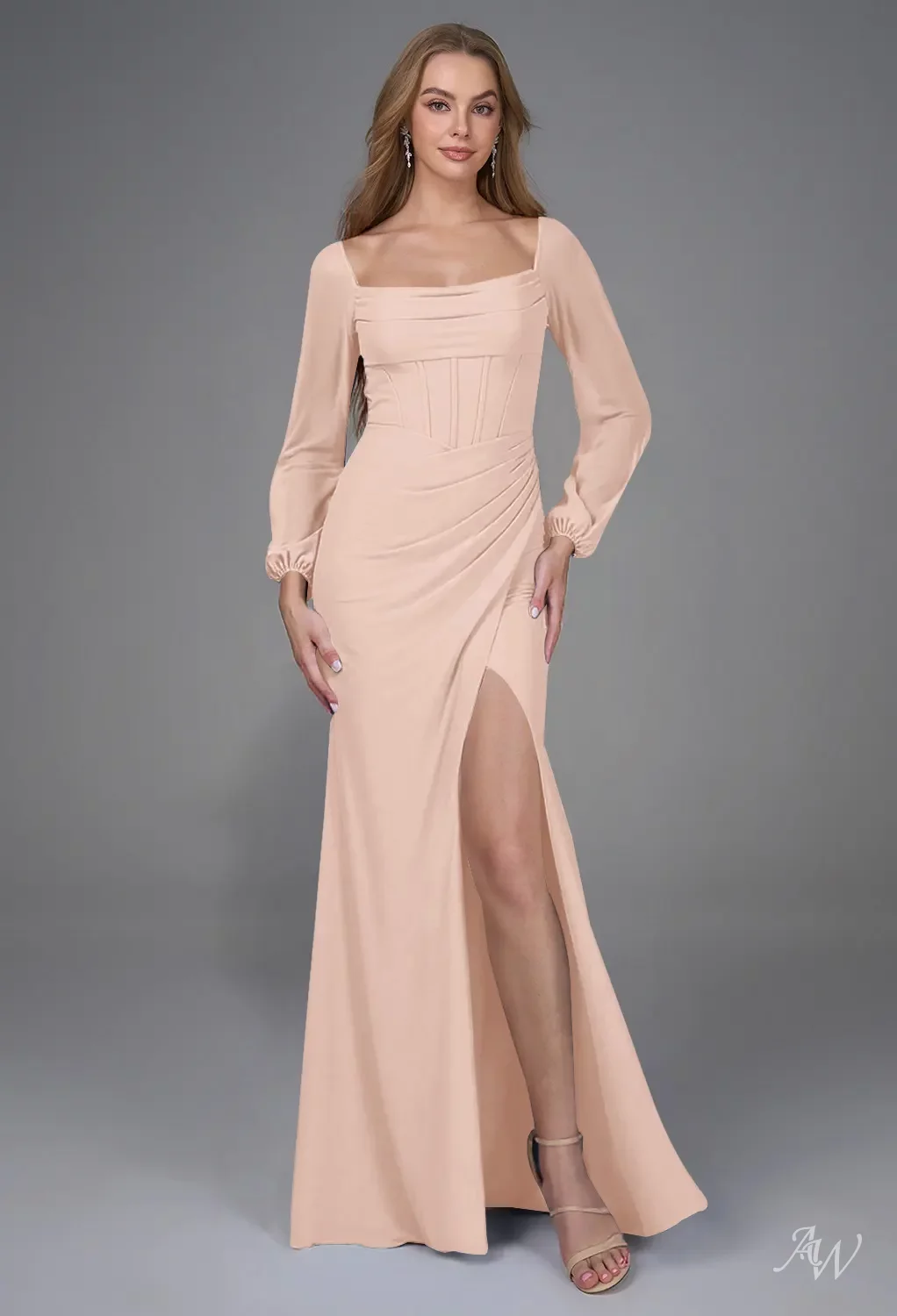 AW.Bridal A-line Square Neckline Floor Length Long Sleeves Puff Sleeves Corset Ruching Split Long Bridesmaid Dresses Dress Pearl Pink Size 18