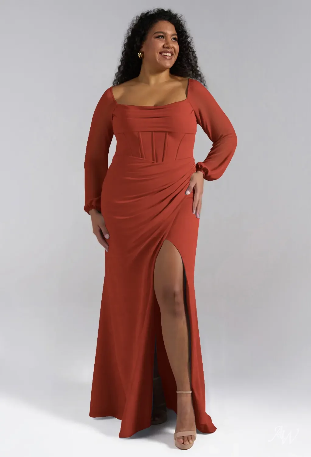 AW.Bridal A-line Square Neckline Floor Length Long Sleeves Puff Sleeves Chiffon Corset Ruching Split Long Bridesmaid Dresses Rust Size 6