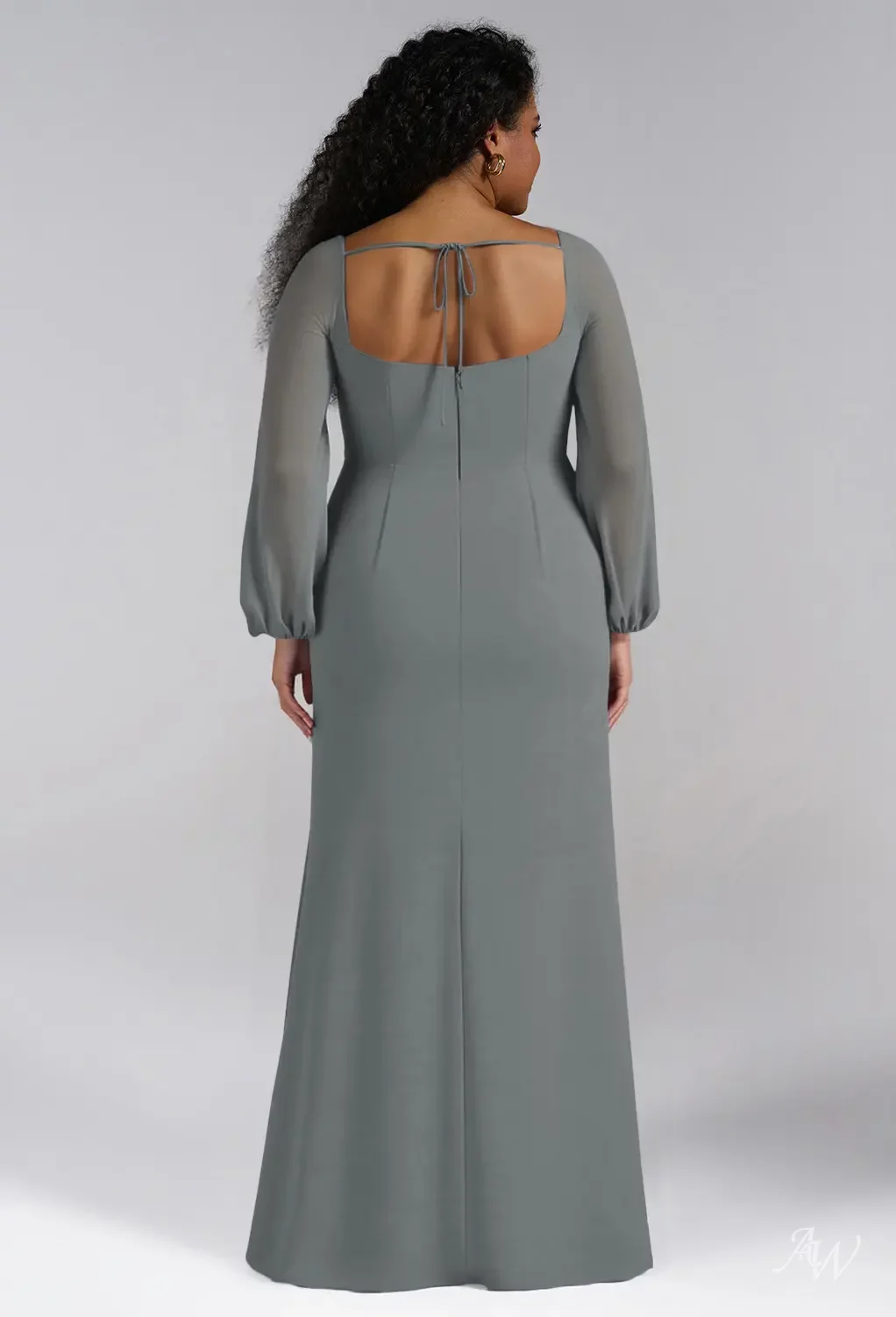 AW.Bridal A-line Square Neckline Floor Length Long Sleeves Puff Sleeves Chiffon Corset Ruching Split Long Bridesmaid Dresses Steel Gray Size 8