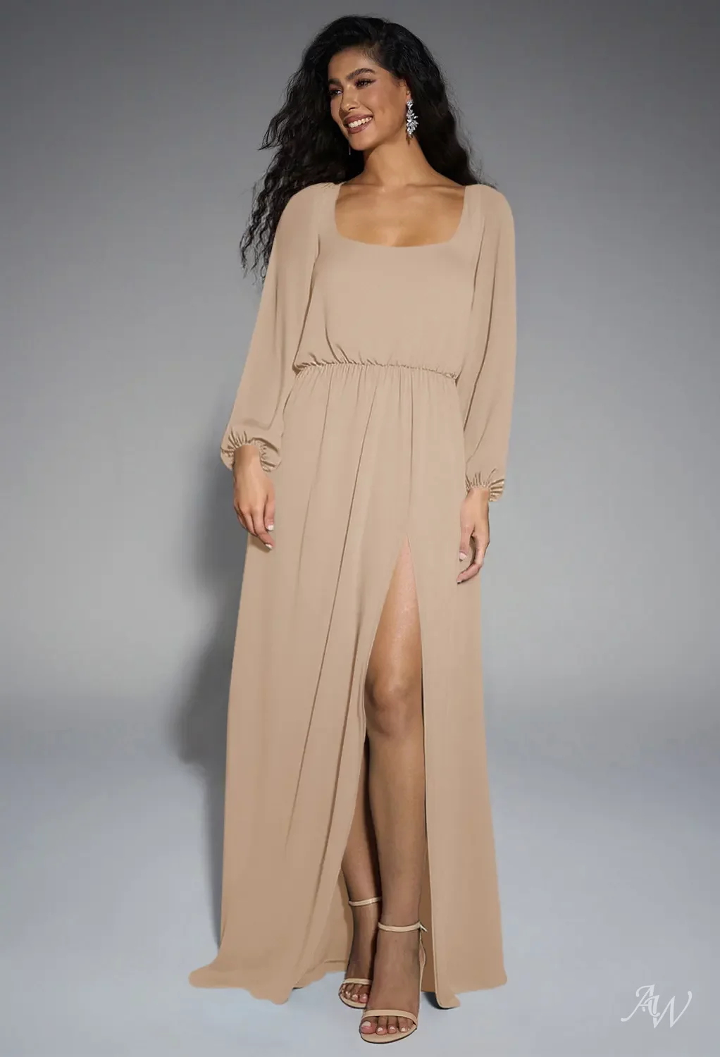 AW.Bridal A-Line Scoop/U-Neck Floor Length Puff Sleeves Split Long Bridesmaid Dresses Dress Champagne Size 6