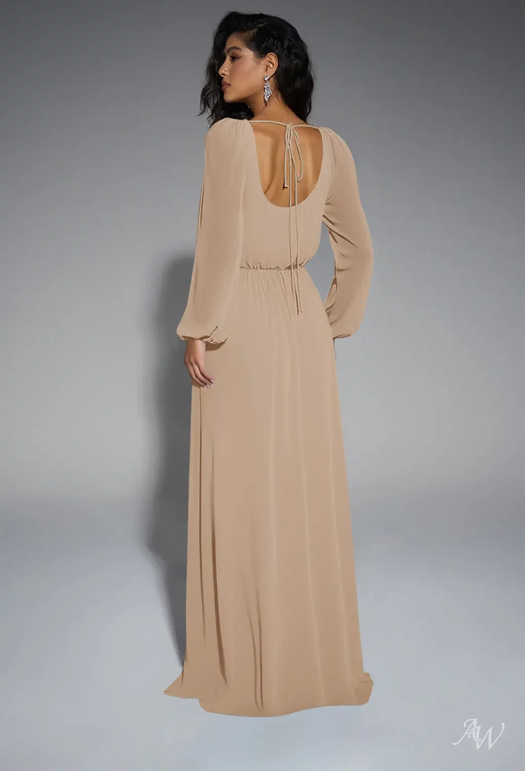 AW.Bridal A-line Scoop/U-Neck Floor Length Puff Sleeves Split Long Bridesmaid Dresses Dress Champagne Size 4