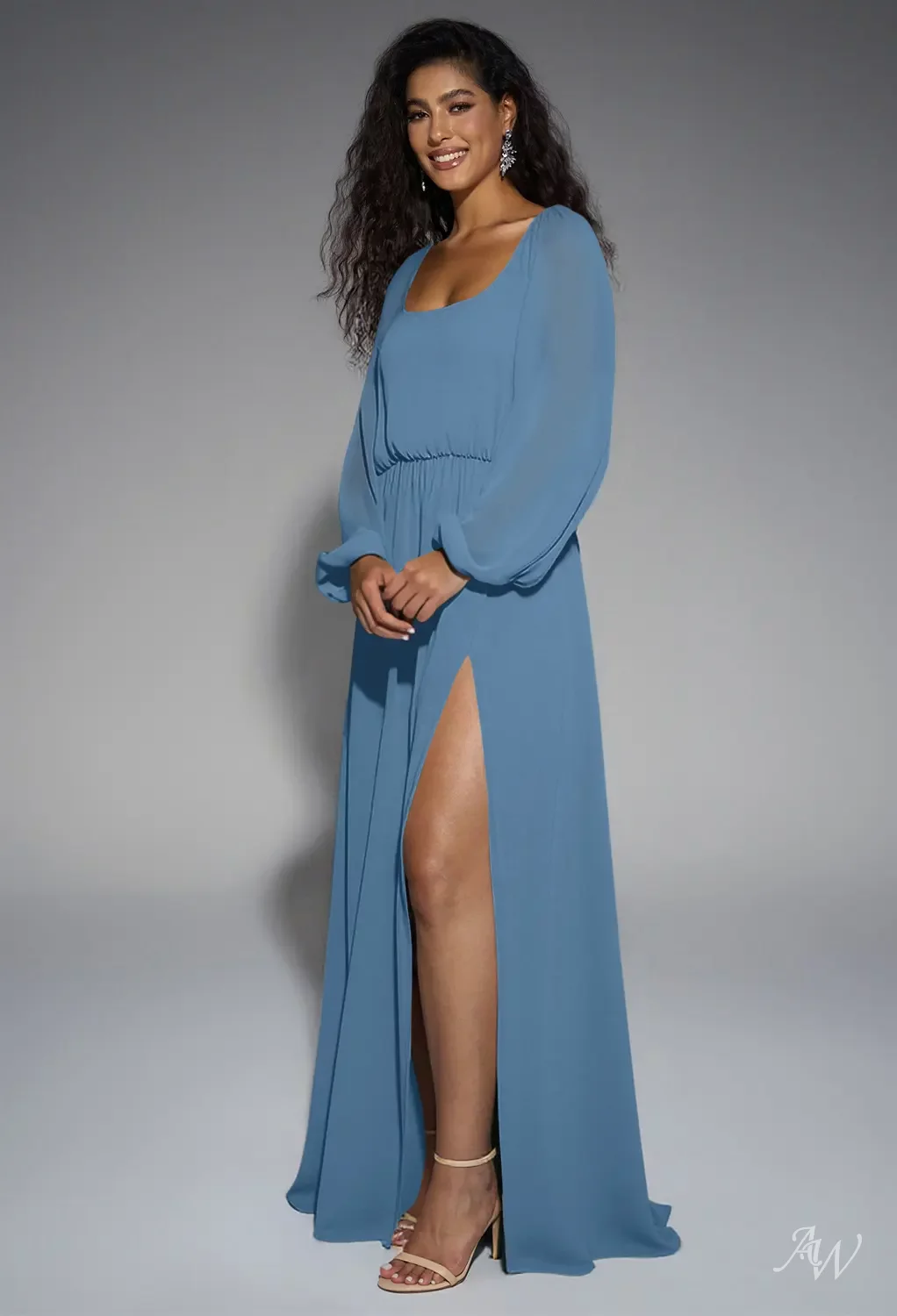 AW.Bridal A-line Scoop/U-Neck Floor Length Puff Sleeves Split Long Bridesmaid Dresses Dress Dusty Blue Size 16