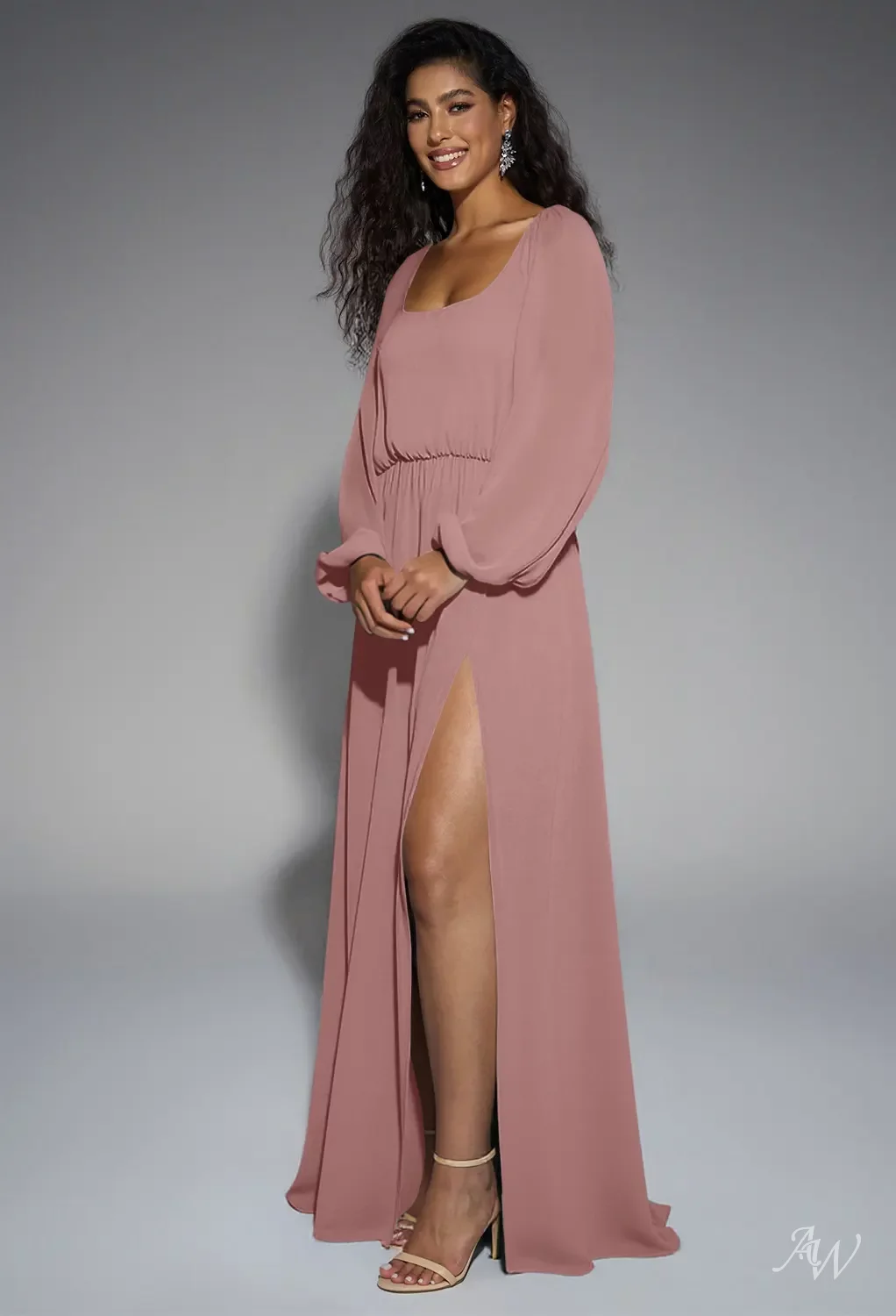 AW.Bridal A-line Scoop/U-Neck Floor Length Puff Sleeves Split Long Bridesmaid Dresses Dress Dusty Rose Size 8