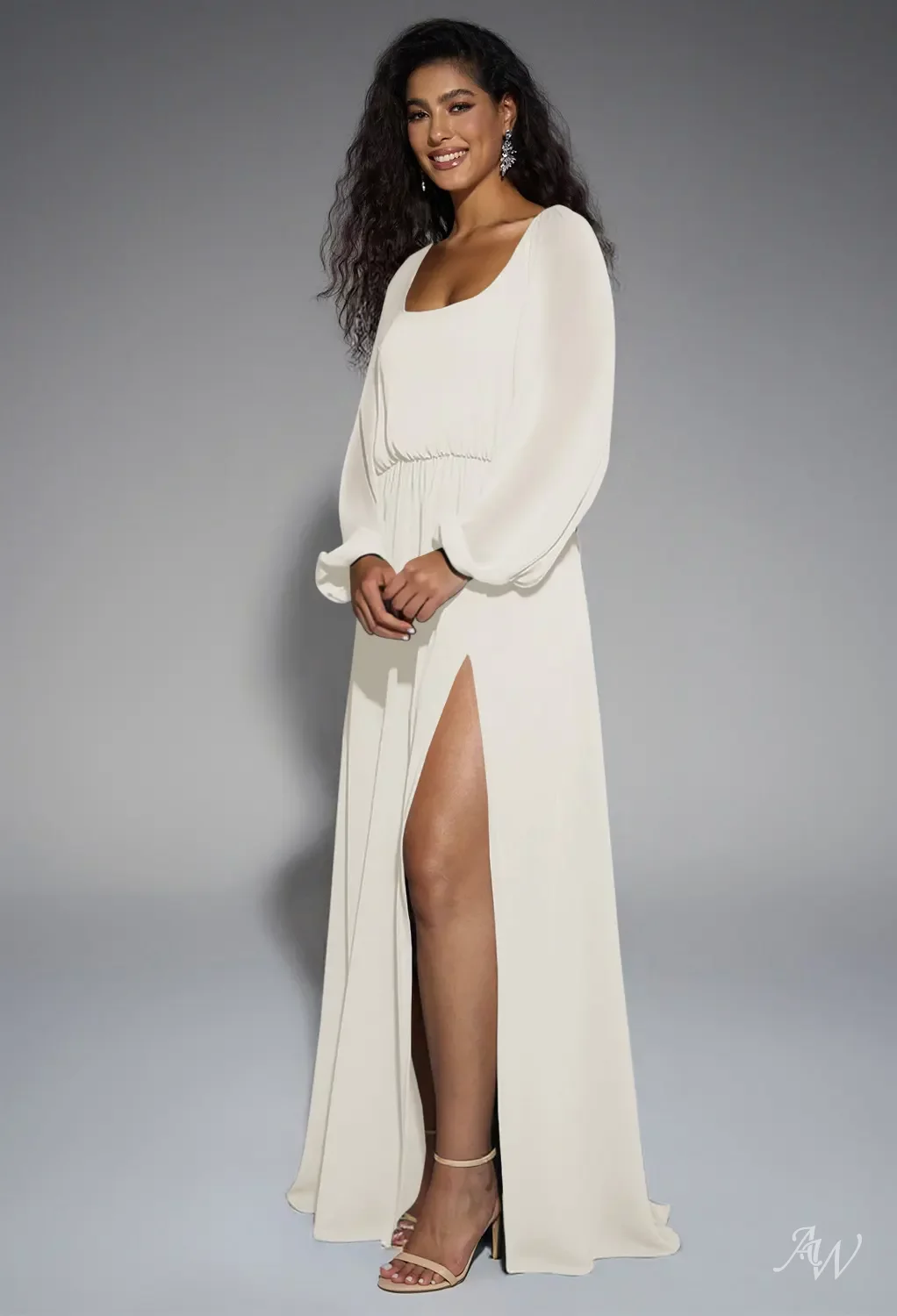 plus size ivory bridesmaid dresses AW.Bridal A-line Scoop/U-Neck Floor Length Puff Sleeves Split Long Bridesmaid Dresses Dress Ivory Size 18