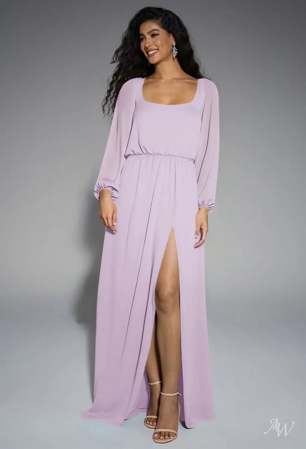 lilac bridesmaid dresses long sleeve AW.Bridal A-line Scoop/U-Neck Floor Length Puff Sleeves Split Dress Size 4 Perfect for an outdoor