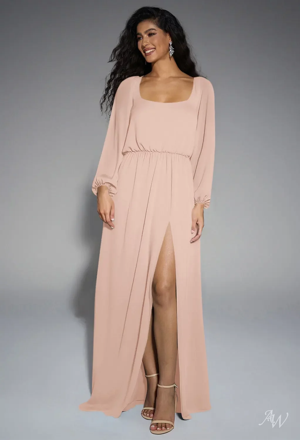 pearl pink bridesmaid dresses AW.Bridal A-line Scoop/U-Neck Floor Length Puff Sleeves Split Long Dress Size 6 Puff Sleeves