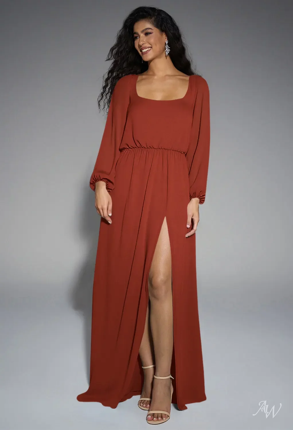 AW.Bridal A-Line Scoop/U-Neck Floor Length Puff Sleeves Chiffon Split Long Bridesmaid Dresses Rust Size 6