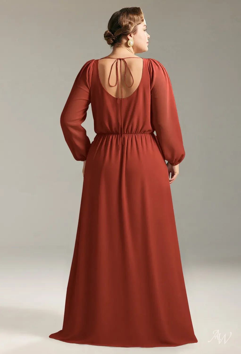 AW.Bridal A-line Scoop/U-Neck Floor Length Puff Sleeves Chiffon Split Long Bridesmaid Dresses Rust Size 6