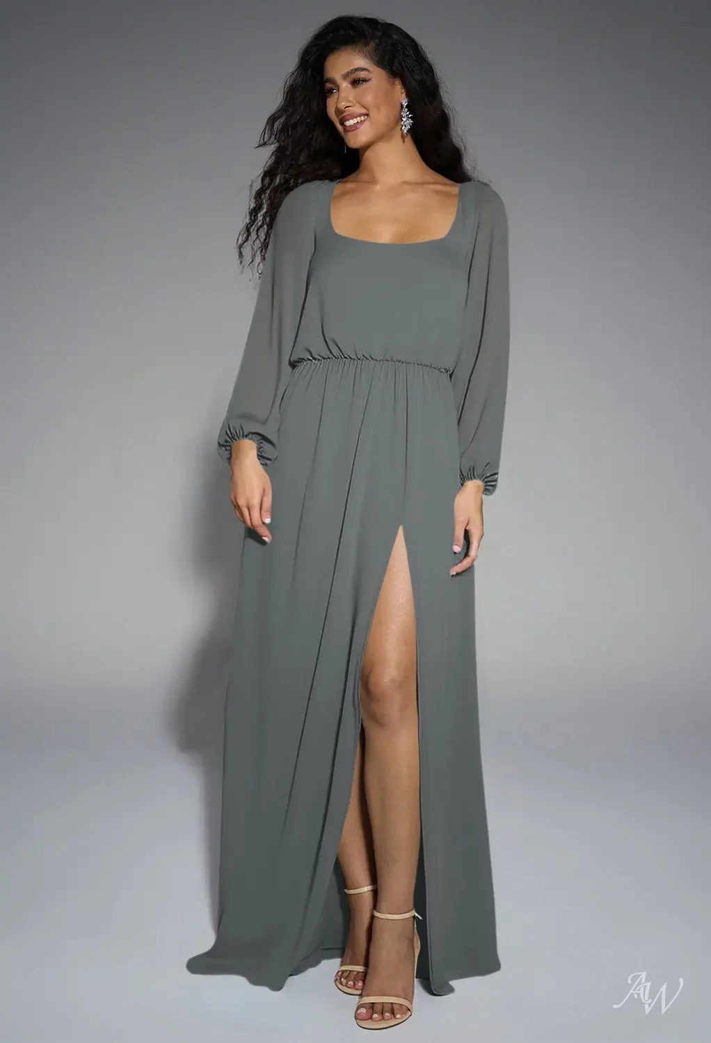 AW.Bridal A-line Scoop/U-Neck Floor Length Puff Sleeves Chiffon Split Long Bridesmaid Dresses Steel Gray Size 18