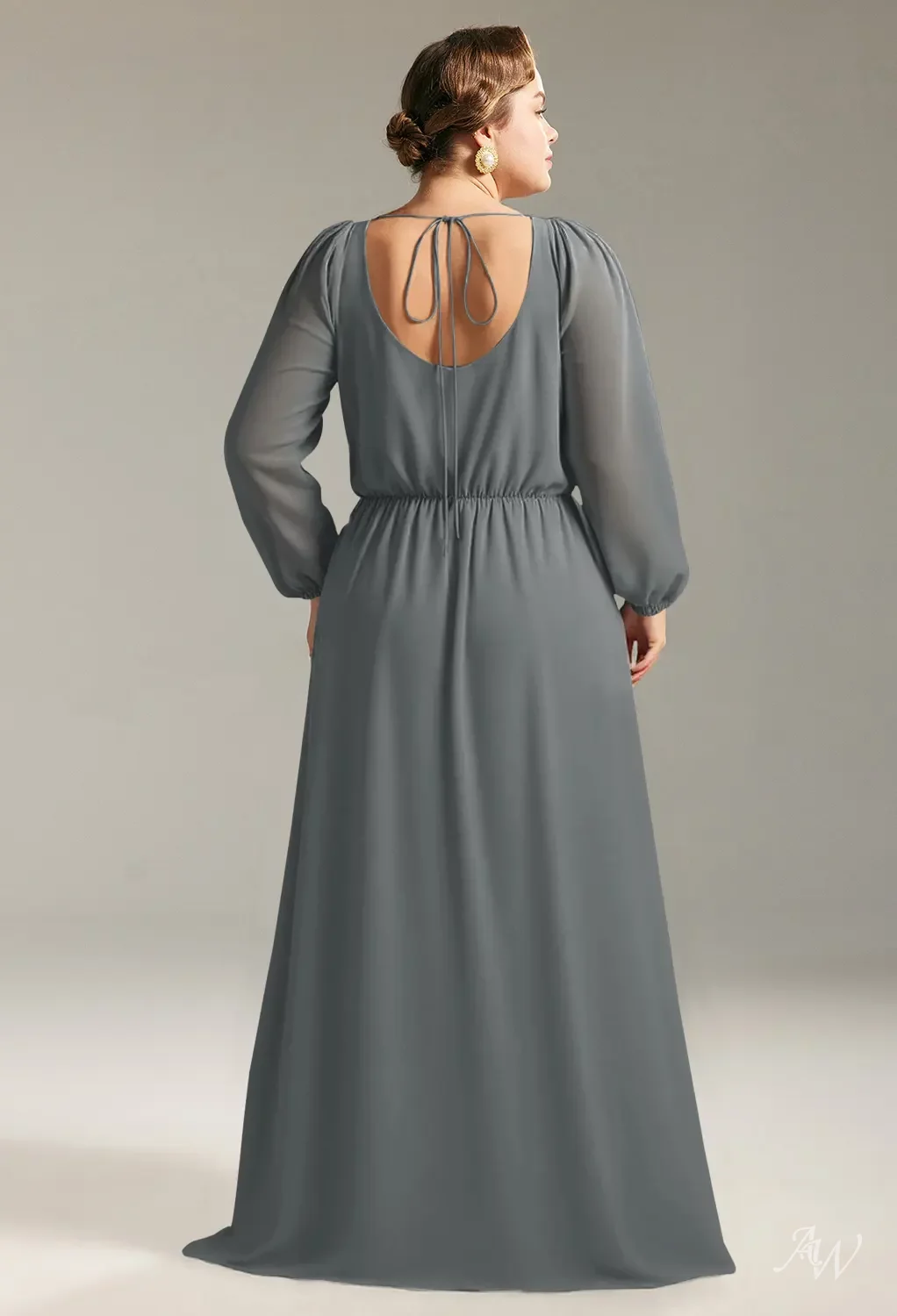 AW.Bridal A-line Scoop/U-Neck Floor Length Puff Sleeves Chiffon Split Long Bridesmaid Dresses Steel Gray Size 18