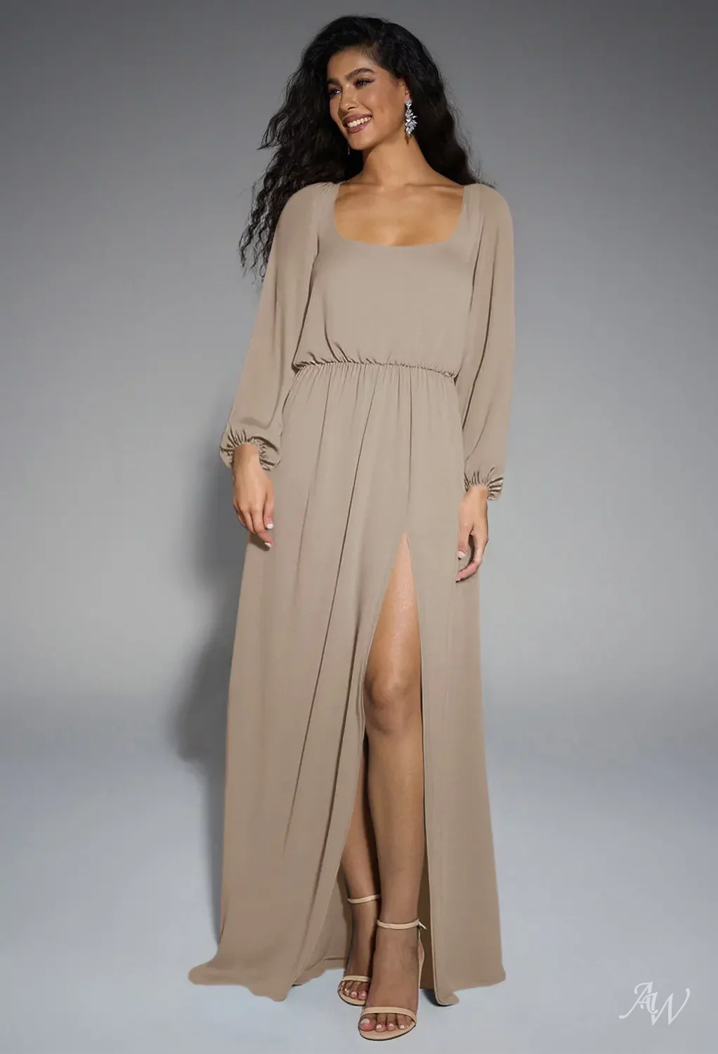 taupe bridesmaid dresses with sleeves AW.Bridal A-line Scoop/U-Neck Floor Length Puff Split Long Dress Size 6 Silk Satin Colors:Gold 753 Obie Brown Sheer Mesh Puff Sleeves Short Sleeves womens ethnic party outfit