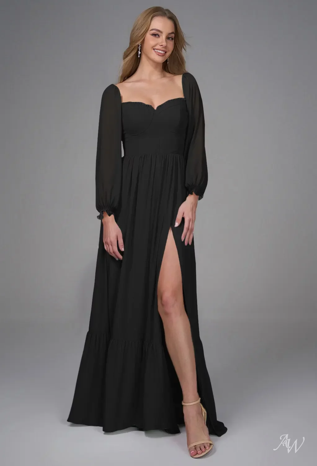 black bridesmaid dress sweetheart neckline AW.Bridal A-line Floor Length Puff Sleeves Ruffles Split Long Dresses Size 8 Size:12-18m A high set navy dress sandals low Searchspring Color:Black