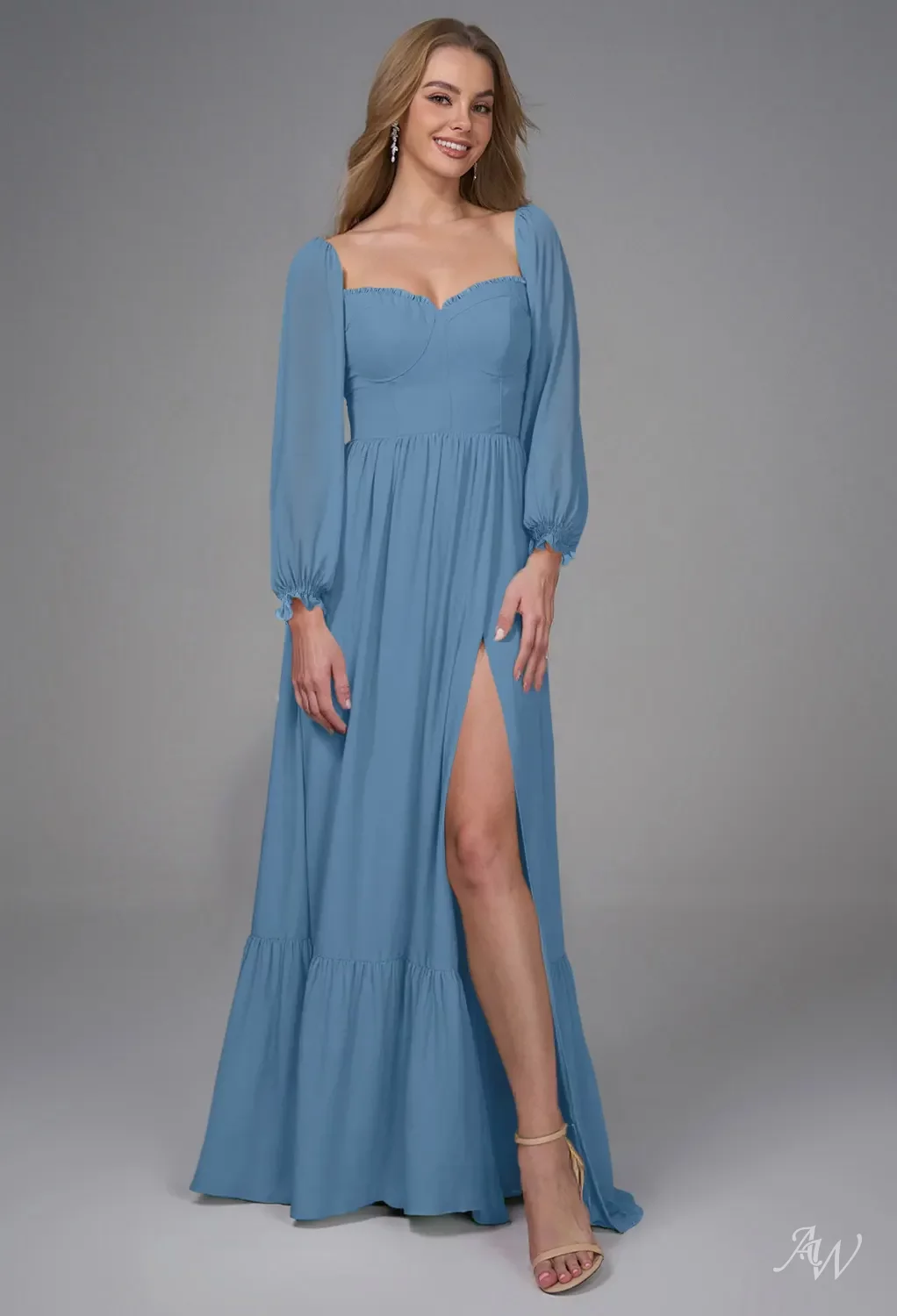 AW.Bridal A-line Sweetheart Neckline Floor Length Puff Sleeves Ruffles Split Long Bridesmaid Dresses Dress Dusty Blue Size 16