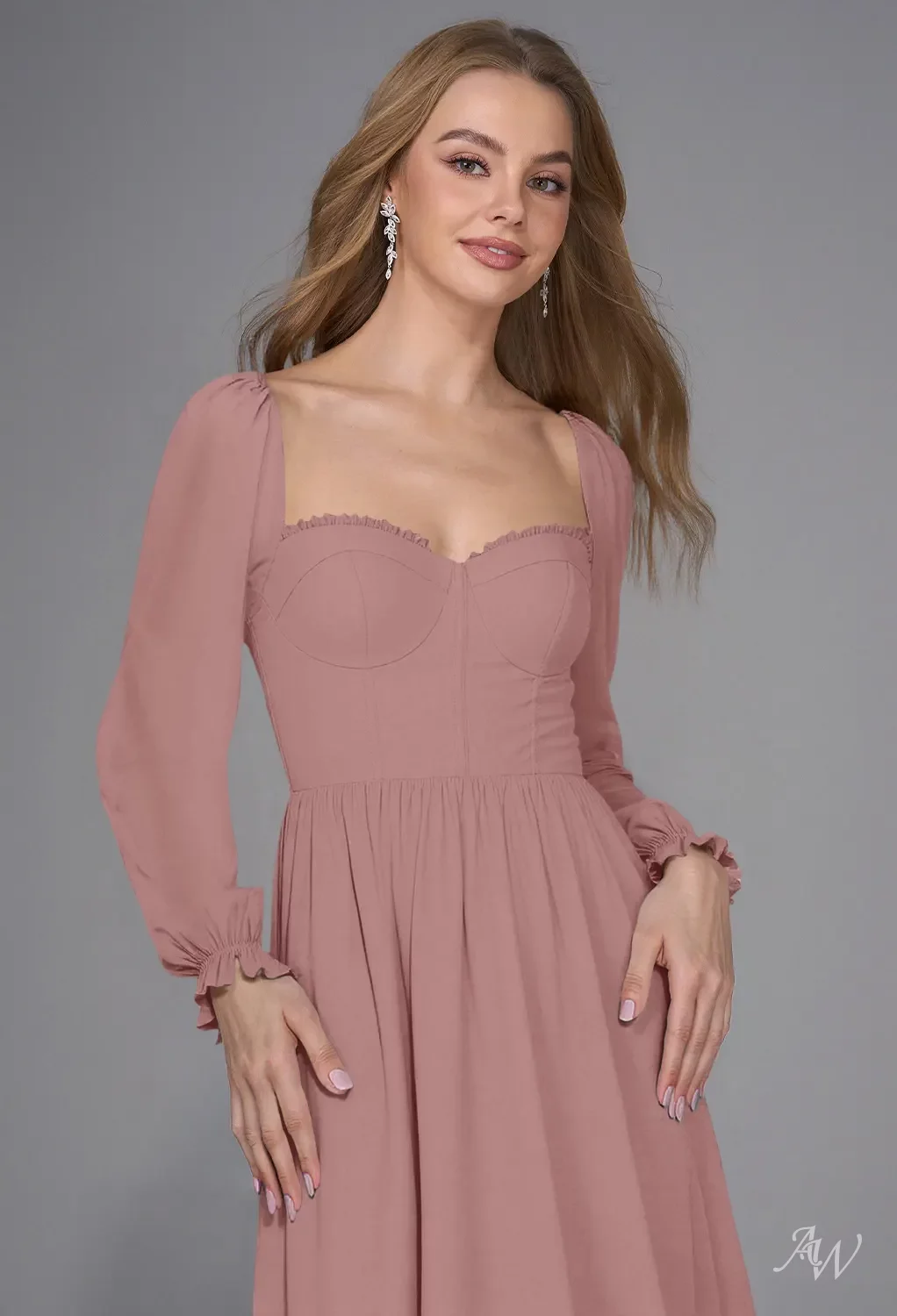 AW.Bridal A-line Sweetheart Neckline Floor Length Puff Sleeves Ruffles Split Long Bridesmaid Dresses Dress Dusty Rose Size 16