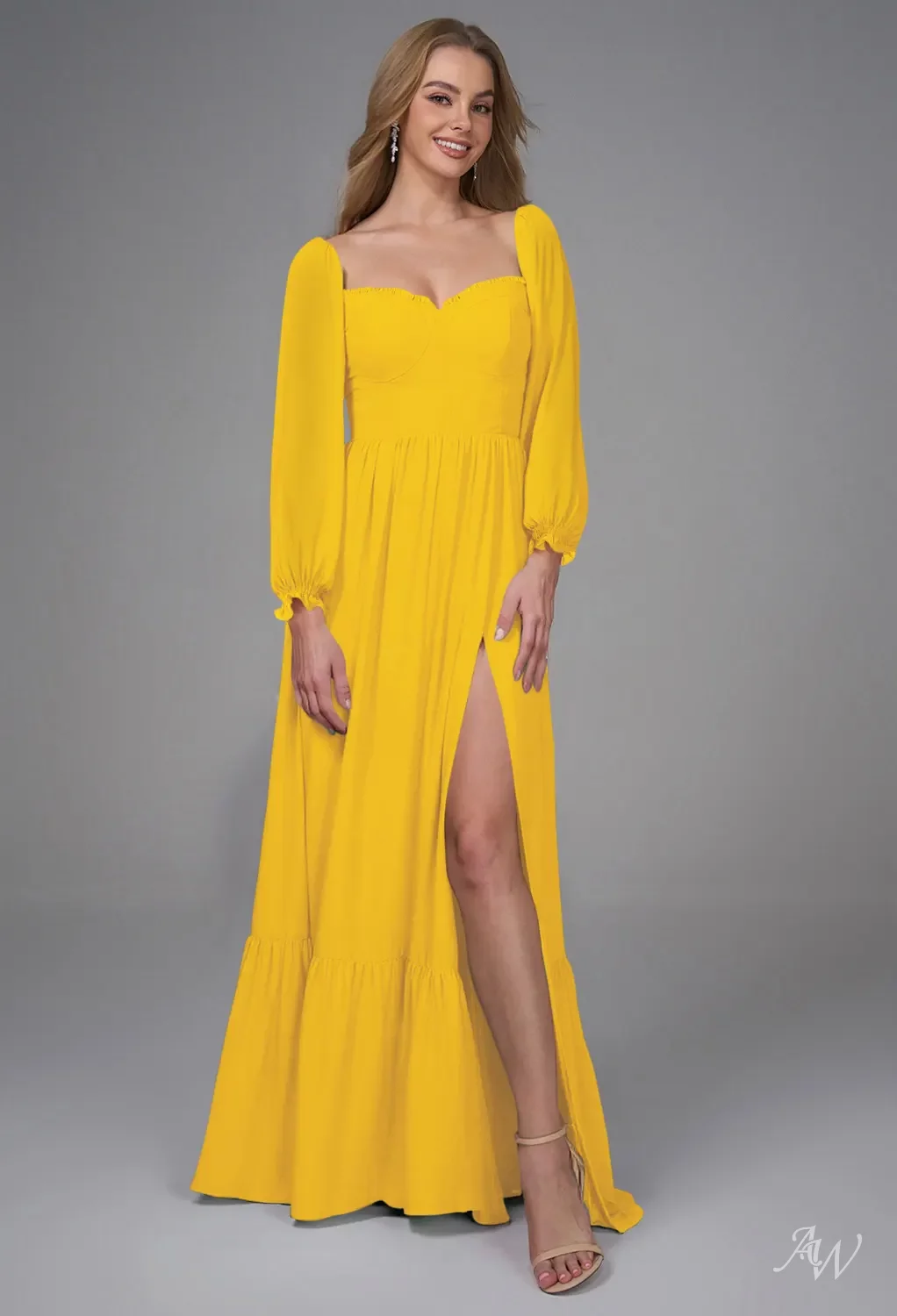 mustard a line dress AW.Bridal A-line Sweetheart Neckline Floor Length Puff Sleeves Ruffles Split Long Bridesmaid Dresses Dress Mustard Yellow Size 16