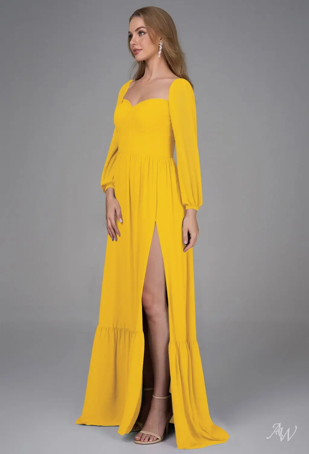 AW.Bridal A-line Sweetheart Neckline Floor Length Puff Sleeves Ruffles Split Long Bridesmaid Dresses Dress Mustard Yellow Size 8