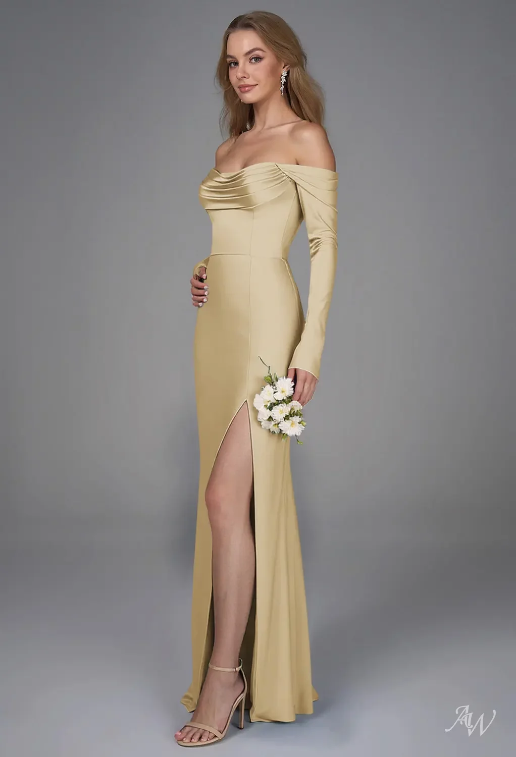 light gold cocktail dress AW.Bridal Mermaid Sweetheart Neckline Floor Length Long Sleeves Satin Ruching Split Long Bridesmaid Dresses Size 18 plunge dress