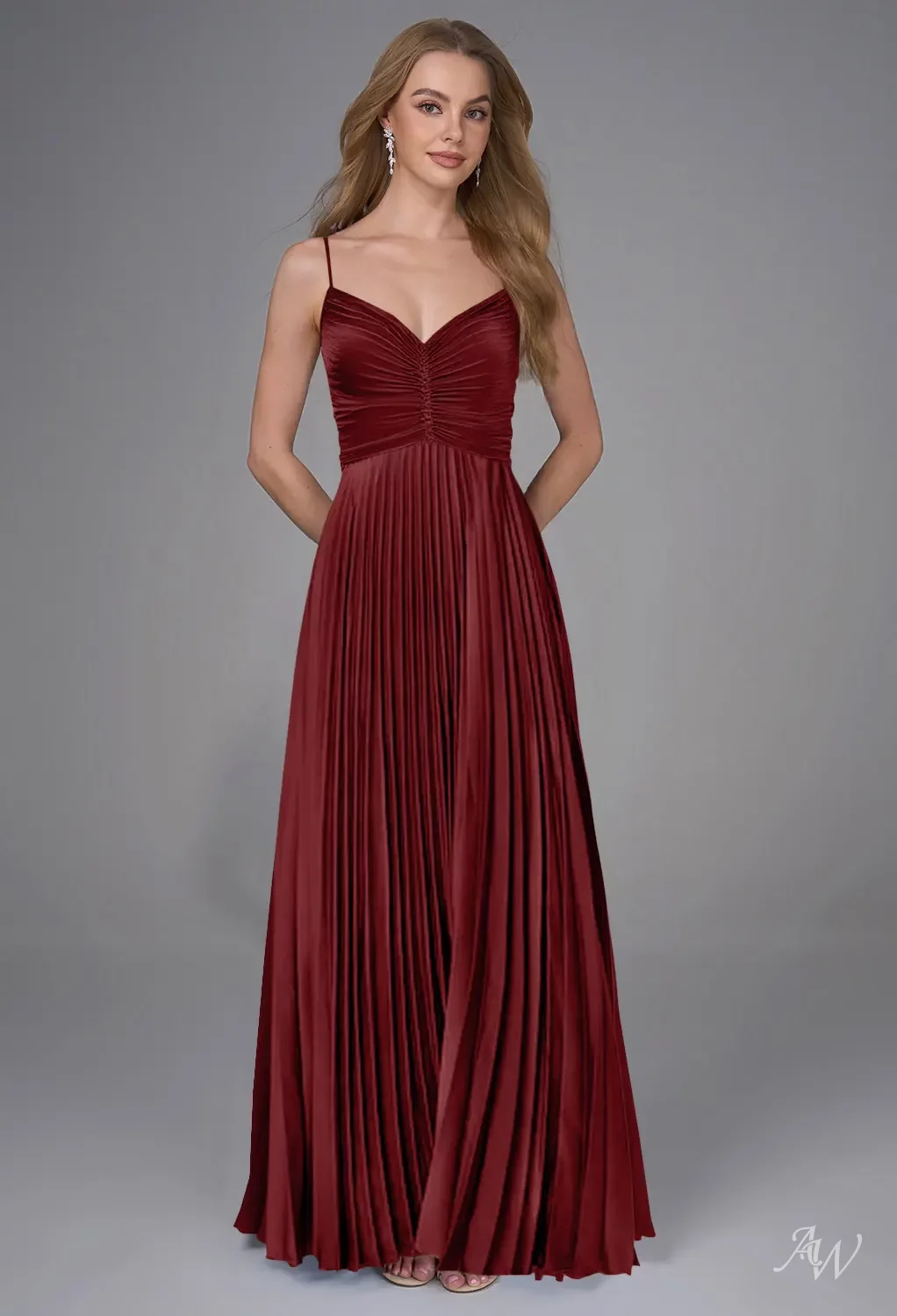 AW.Bridal A-line V-Neck Floor Length Sleeveless Spaghetti Straps Satin Draping Long Bridesmaid Dresses Dress Burgundy Size 6