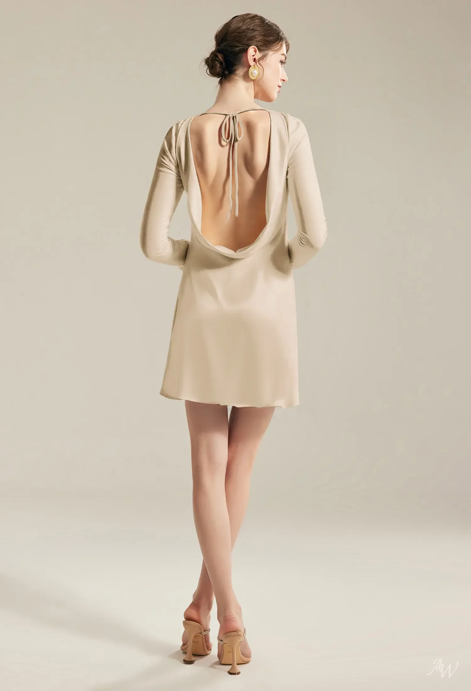 satin champagne dress short AW.Bridal A-line Bateau Neckline Mini/Short Long Sleeves Cowl Back Graduation Dresses Size 16 Pink Party Dresses New Clothing Prom dress or no bra Shirt Size:XXL